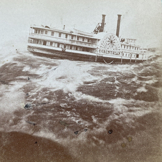 Antique 1860s Steam Ship In Rough Lake Ontario Storm Stereoview Photo Card V462