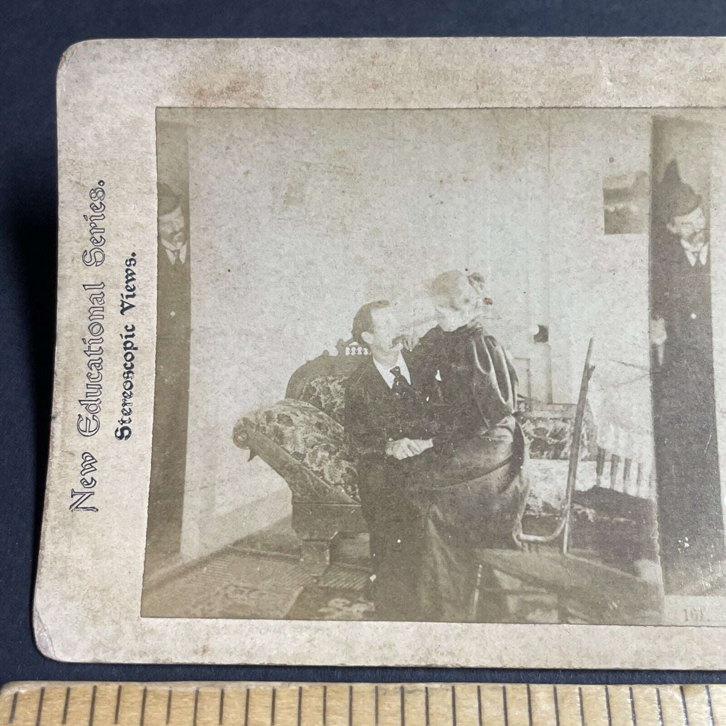Antique 1880s Woman And Man Cuddle On Couch Stereoview Photo Card P4660