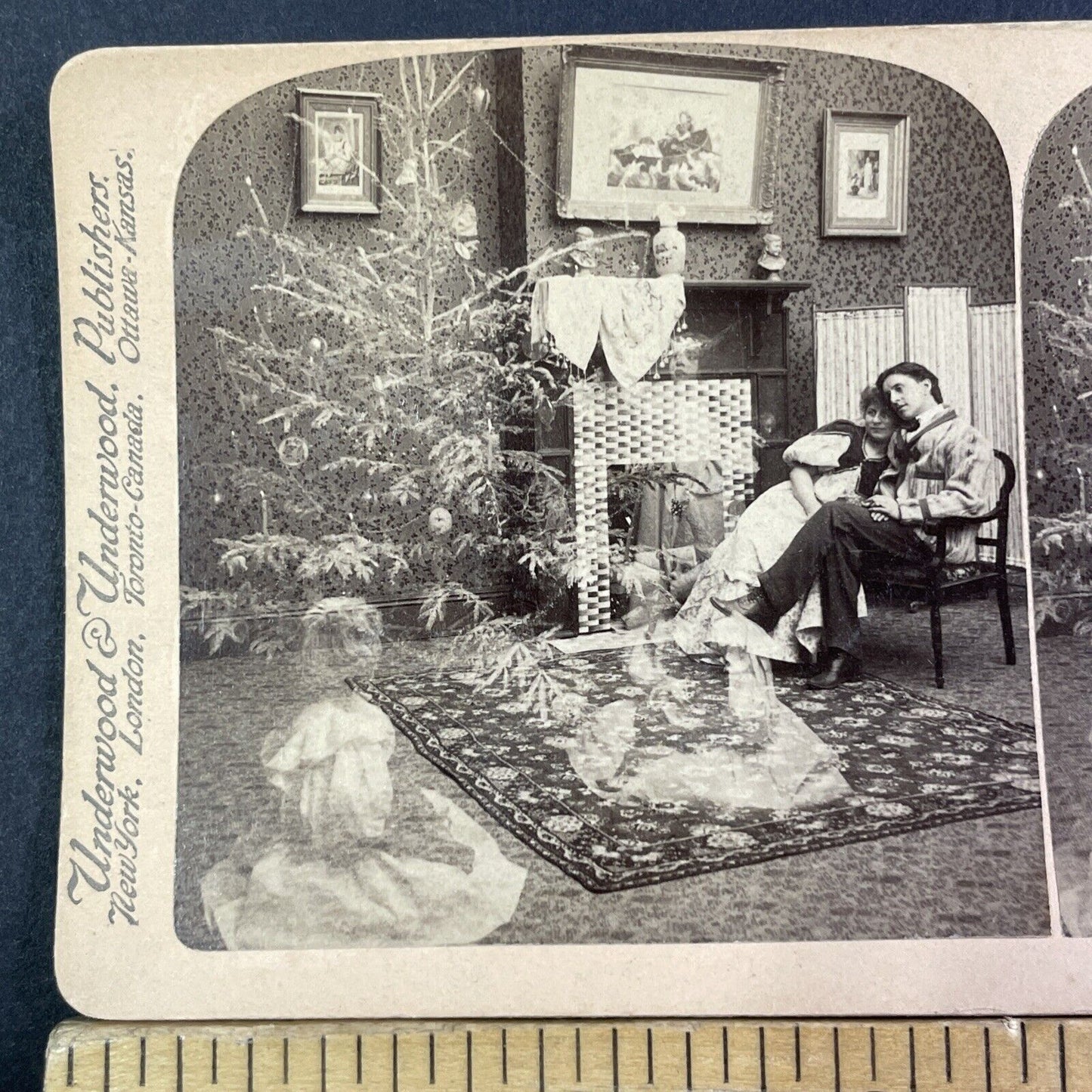 Ghost Children in Front of Ghost Christmas Tree Stereoview Antique c1897 X4128