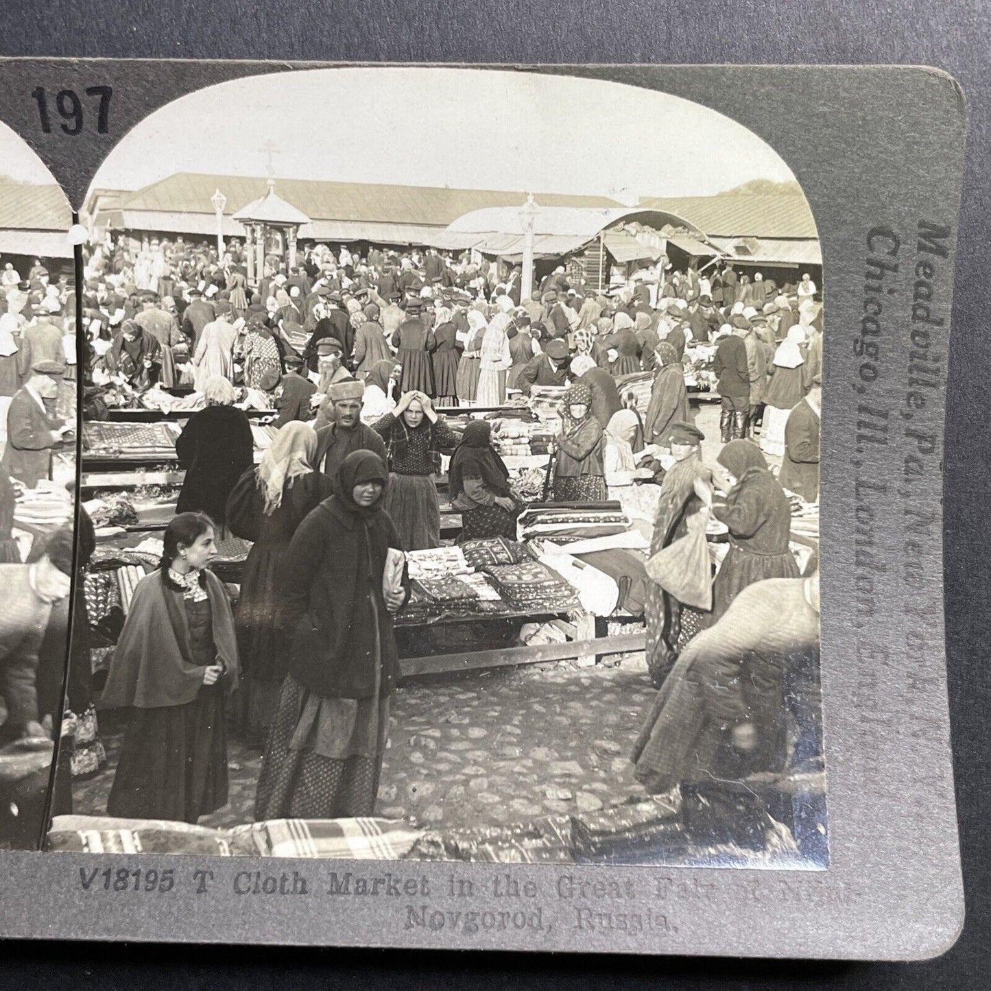 Antique 1910s Clothing Market Novgorod Russia Stereoview Photo Card P1676