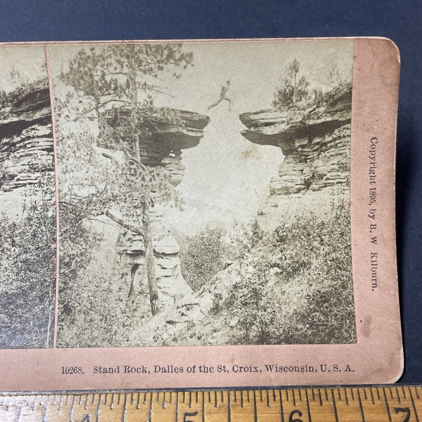 Antique 1895 Daredevil Jumps Canyon Gap Wisconsin Stereoview Photo Card Q2220