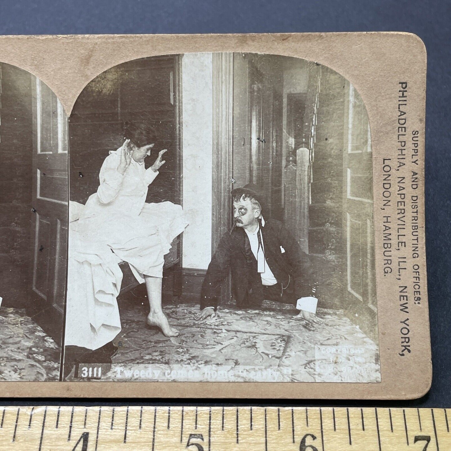 Antique 1897 Beaten & Bloodied Man Comes Home Drunk Stereoview Photo Card P2568