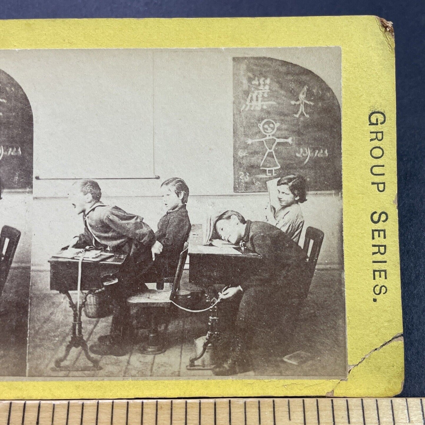 Antique 1870s Boys Put Tack On Students Chair Stereoview Photo Card P4108