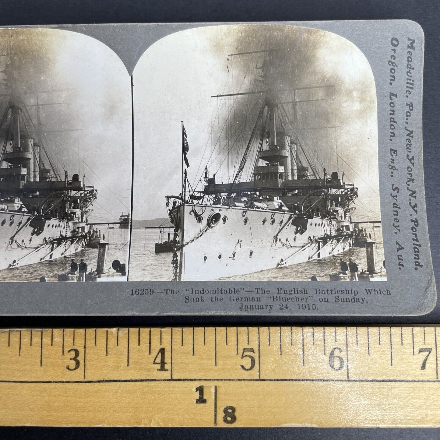 Antique 1915 HMS Indomitable Navy Battle Cruiser Stereoview Photo Card P927