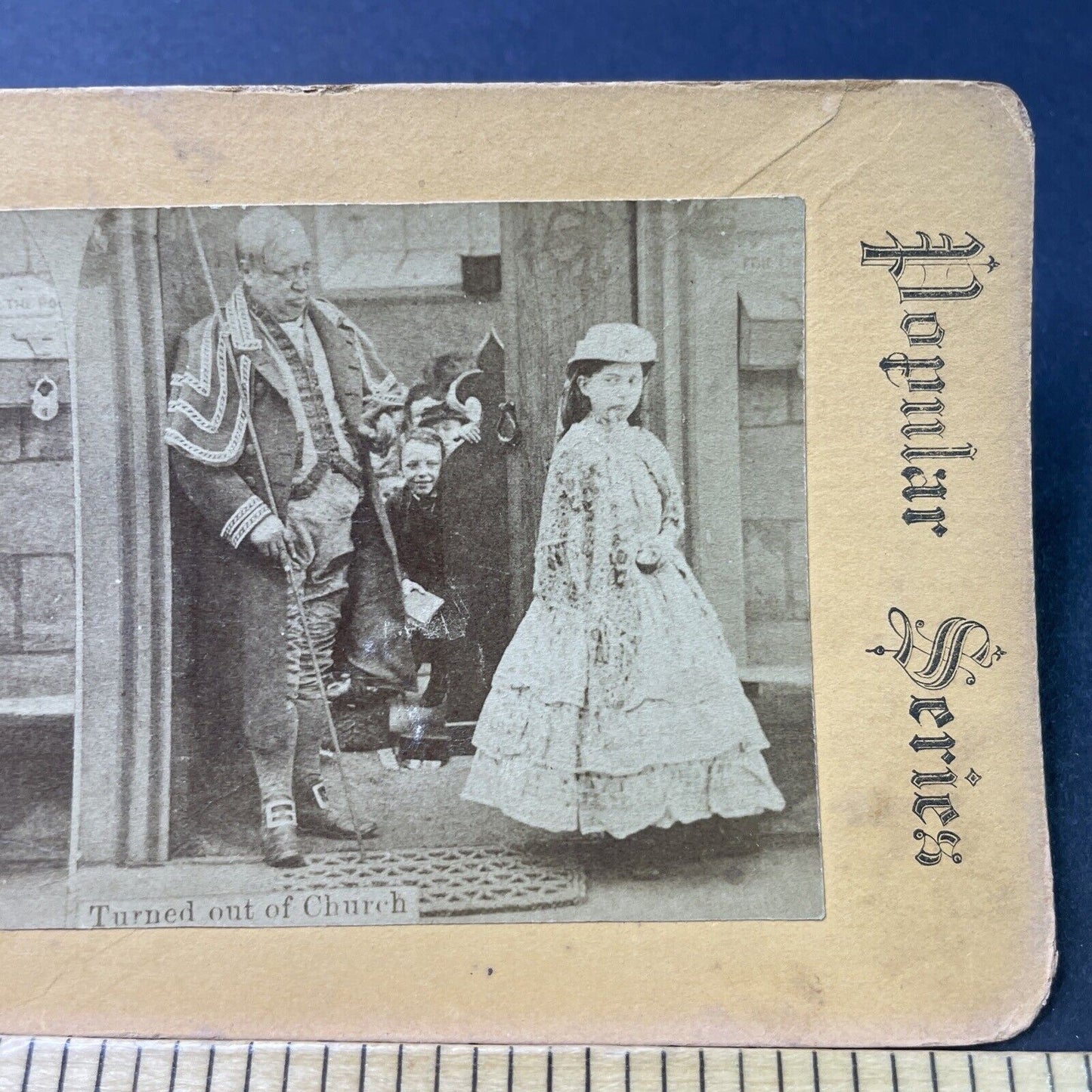 Antique 1870s Child Kicked Out Of Church Eating Apple Stereoview Photo Card 3084