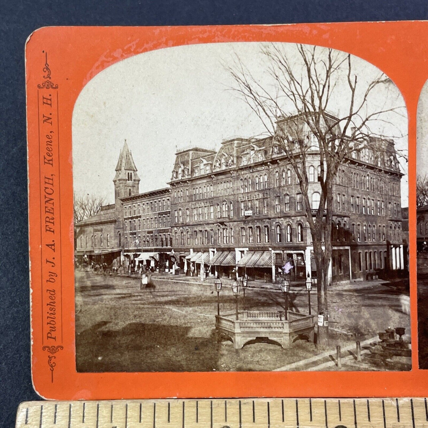 Antique 1870s Downtown Square Keene New Hampshire Stereoview Photo Card V1757