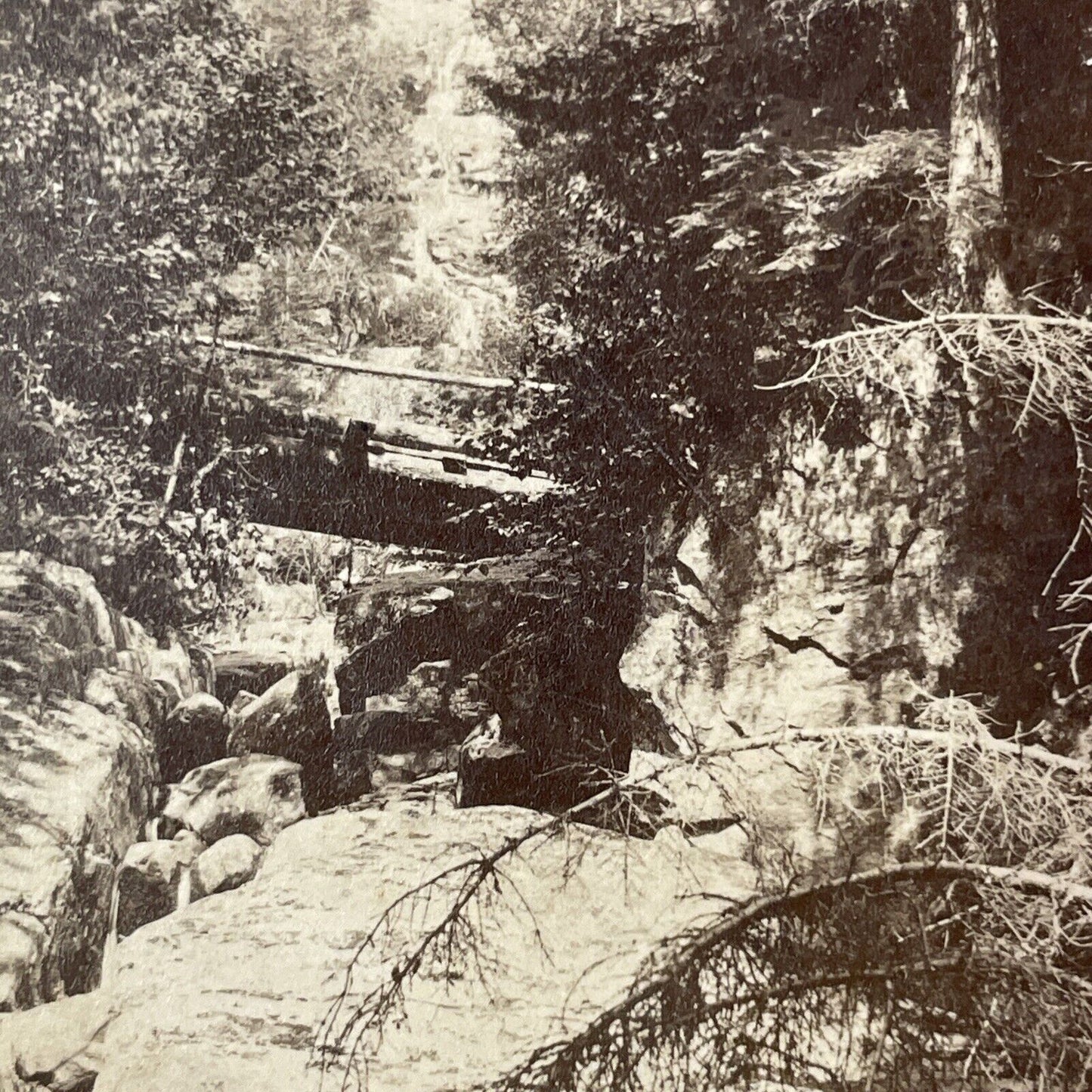 Silver Cascade Waterfall And Bridge NH Stereoview Photo Card Antique 1872 X883