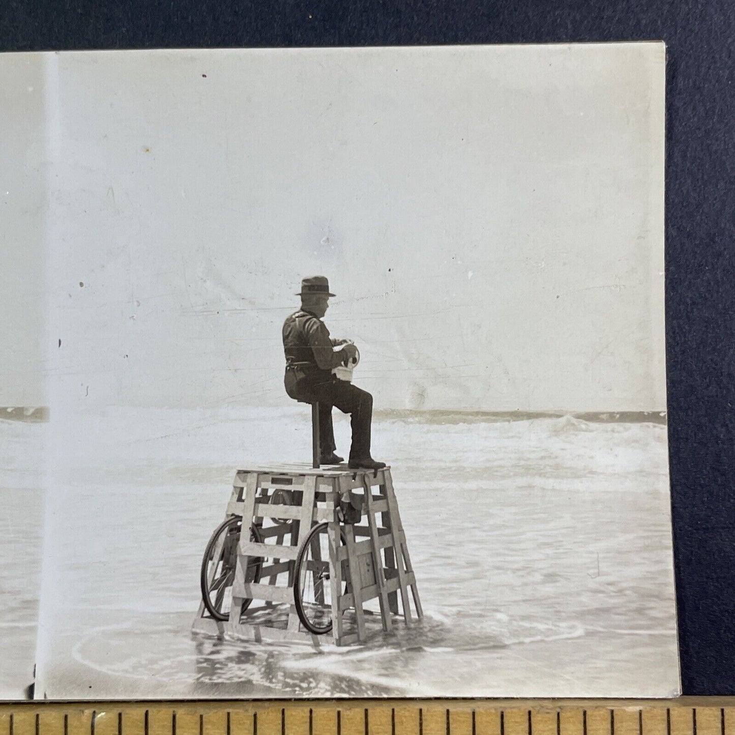 Lifeguard Filming The Ocean Beach Stereoview Celluloid Antique c1920s X3257