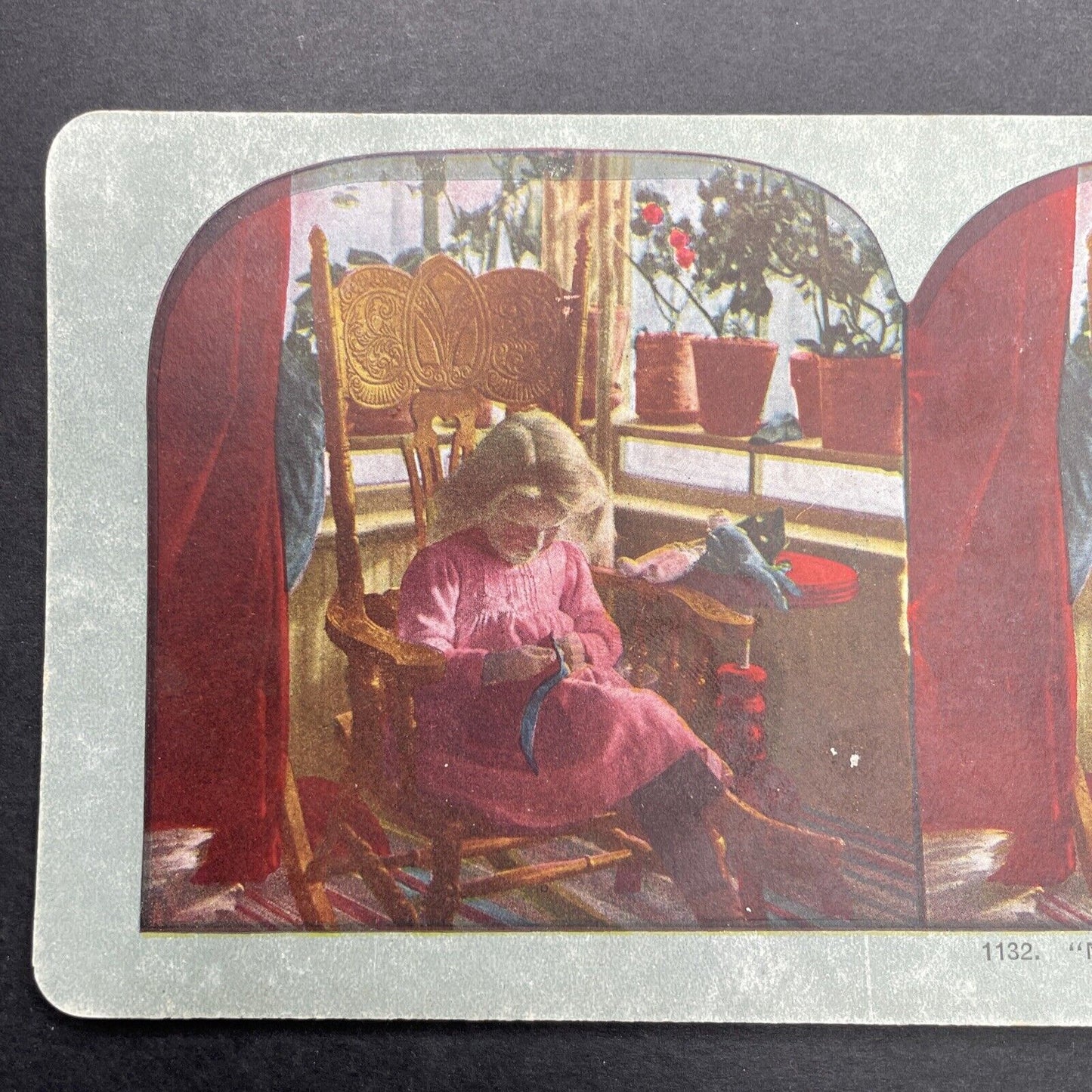 Antique 1899 Girl Sews Stitches Doll Clothes Stereoview Photo Card P580-035