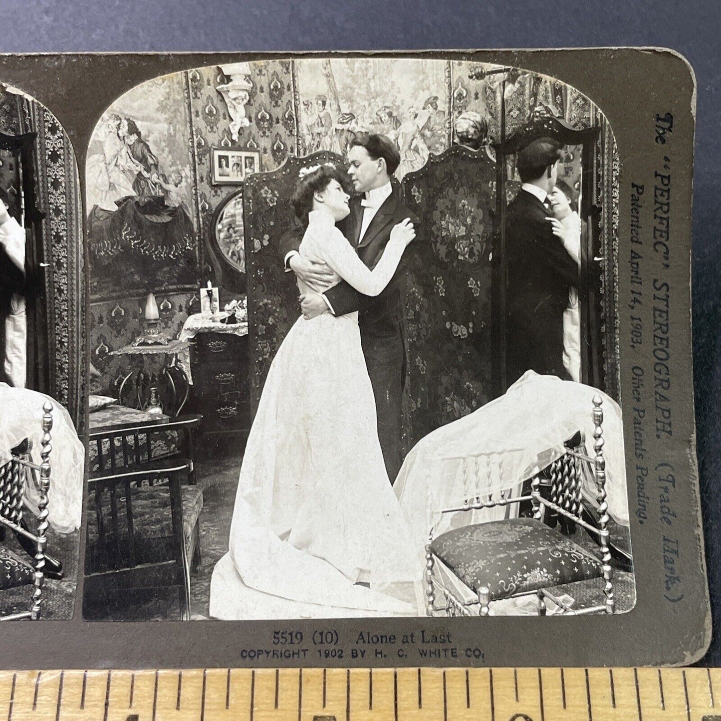 Antique 1902 Victorian Bride & Groom Alone At Last Stereoview Photo Card P2947