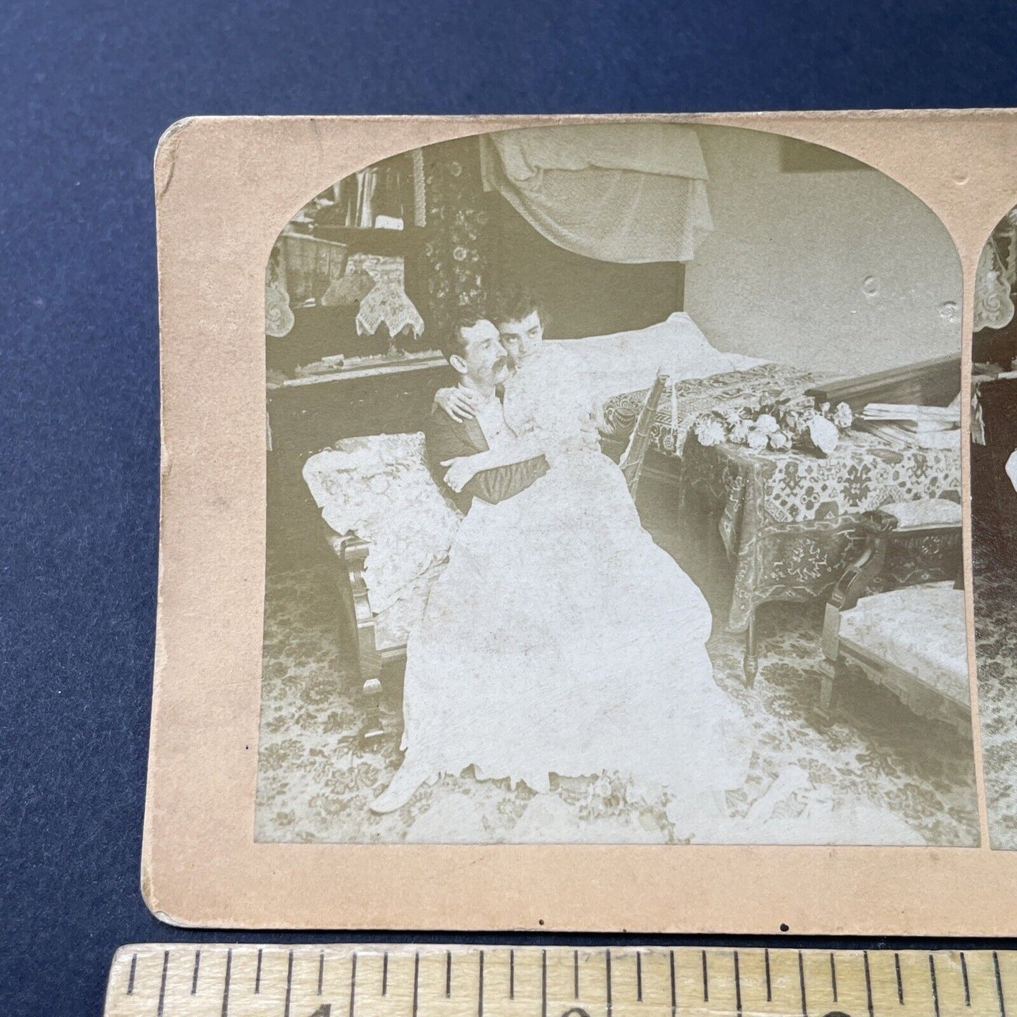 Antique 1892 Victorian Man & Woman Cuddle In Bedroom Stereoview Photo Card P3002
