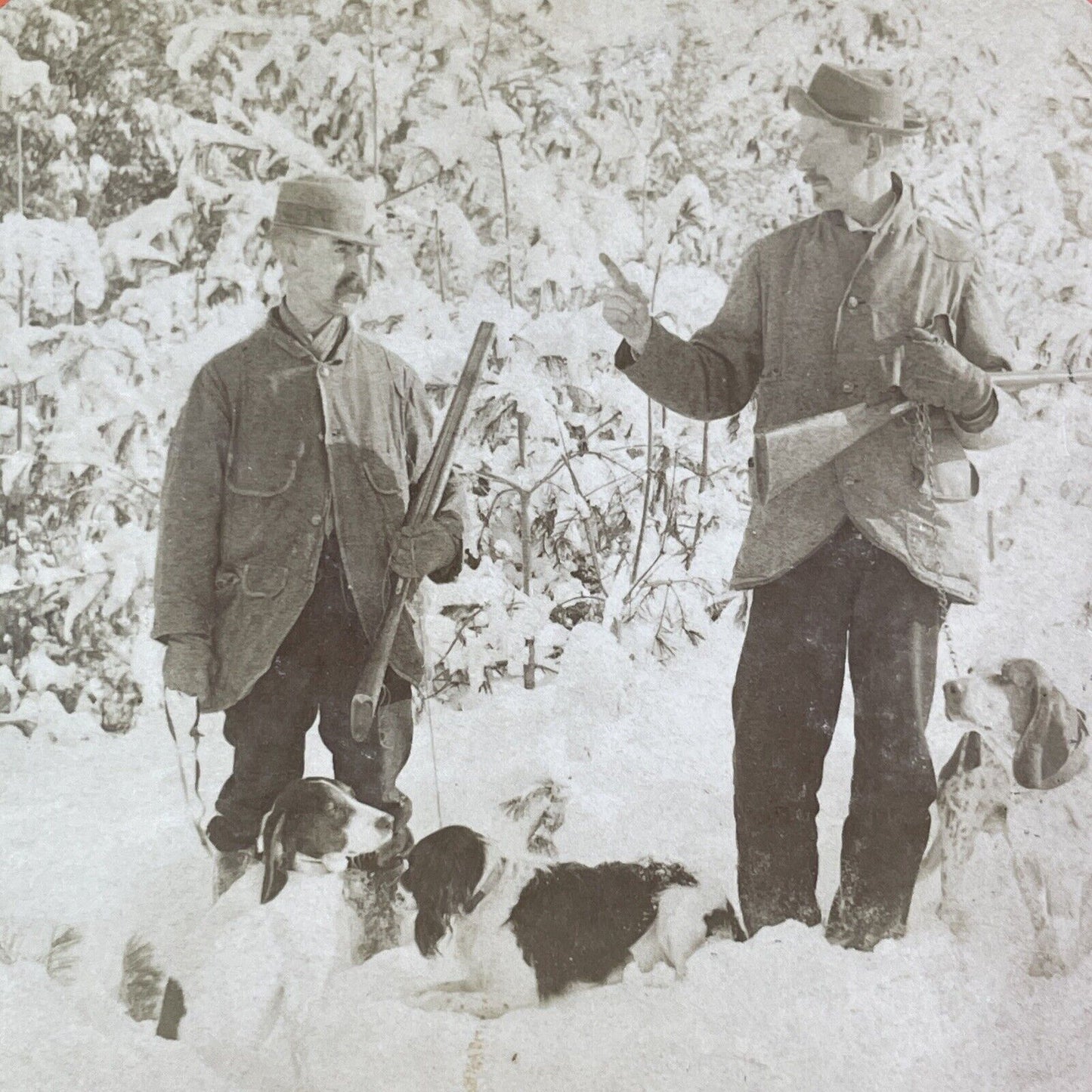 Hunters With Beagle Dogs in the Snow Stereoview Kilburn Antique c1884 X4116