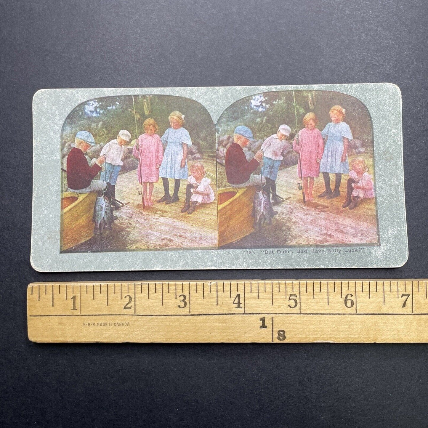 Antique 1898 Children Bass Fishing On River Bank Stereoview Photo Card P580-018