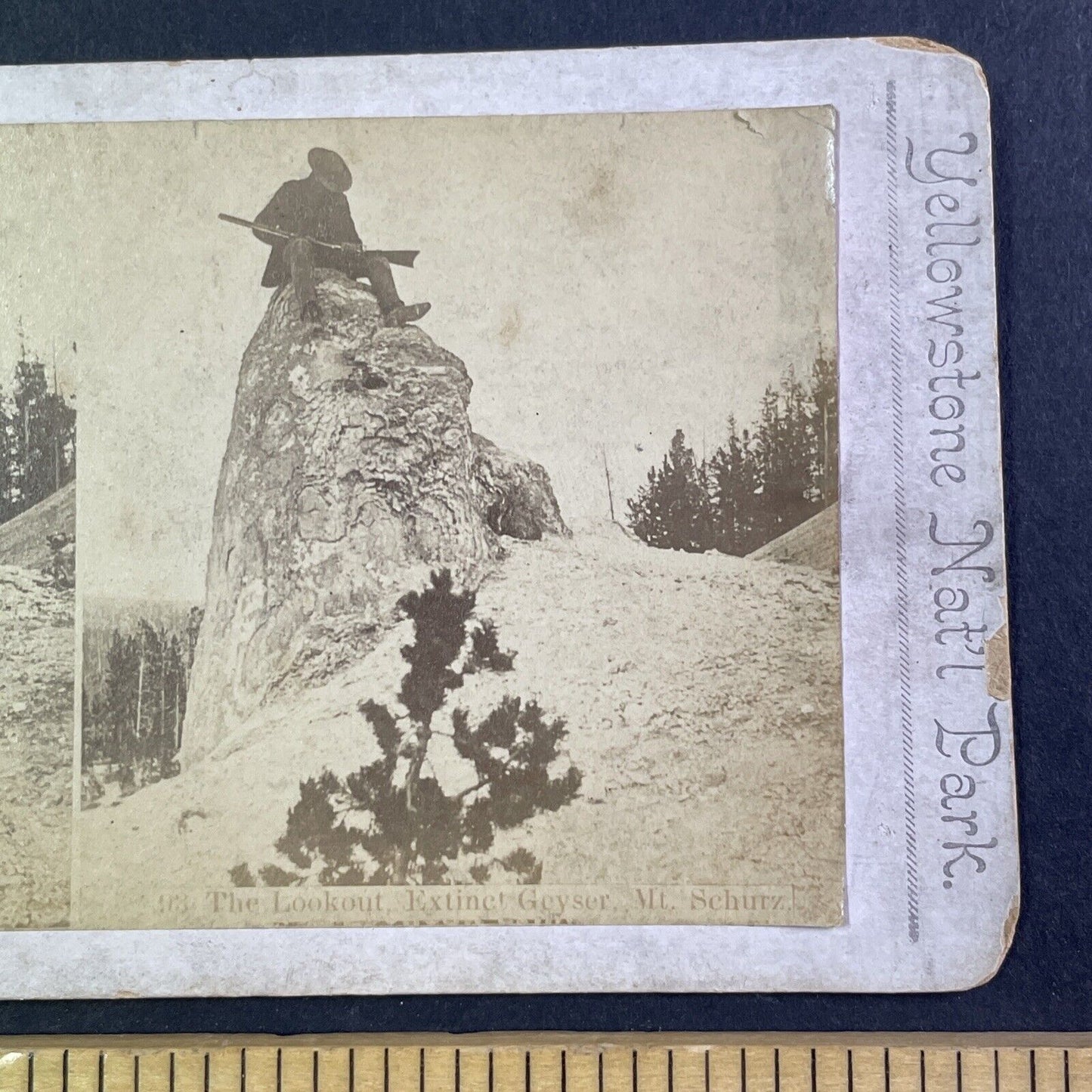 Wyoming Hunter In Yellowstone Stereoview Mount Schurz Antique c1875 X3631