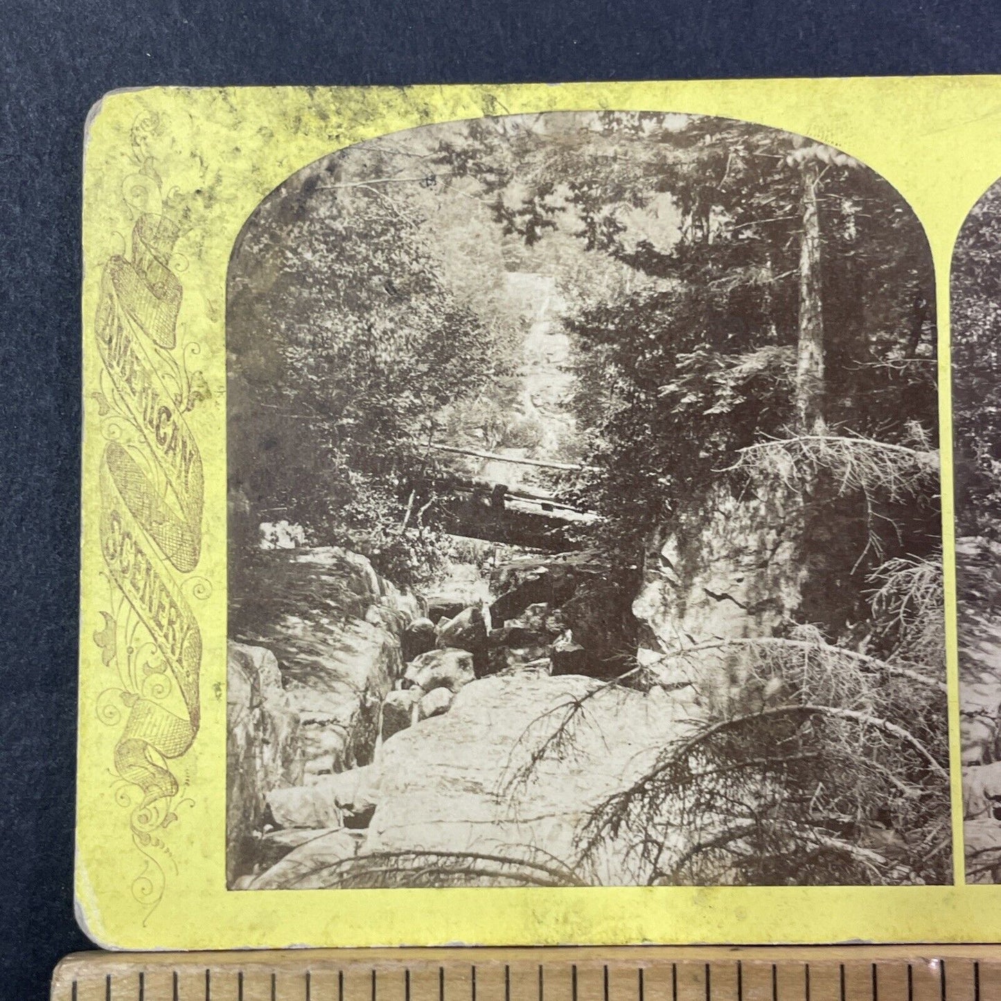 Silver Cascade Waterfall And Bridge NH Stereoview Photo Card Antique 1872 X883