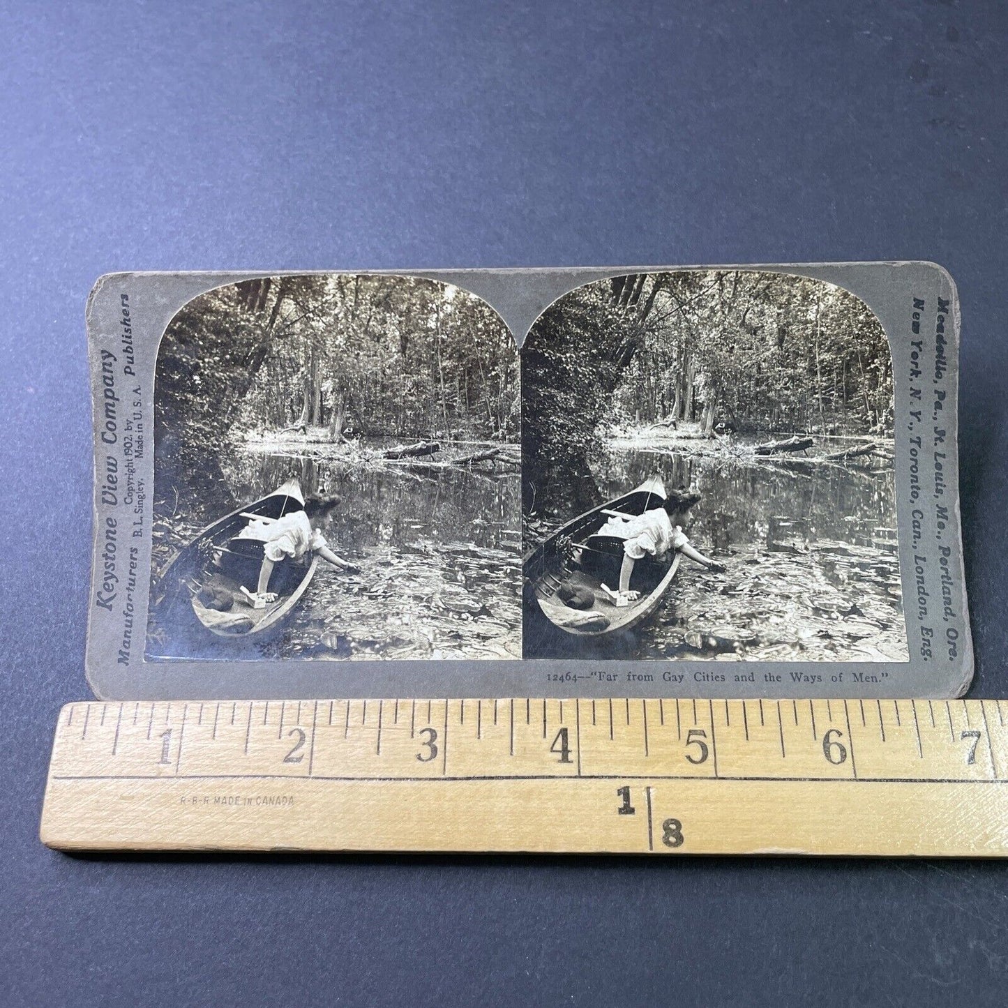 Antique 1902 Woman Catches Frog In Pond From Canoe Stereoview Photo Card P2998