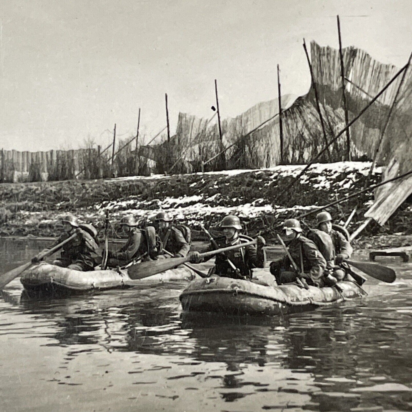 SMALL German Soldiers Cross A River WW2 WWII Stereoview Vintage c1940 X2829