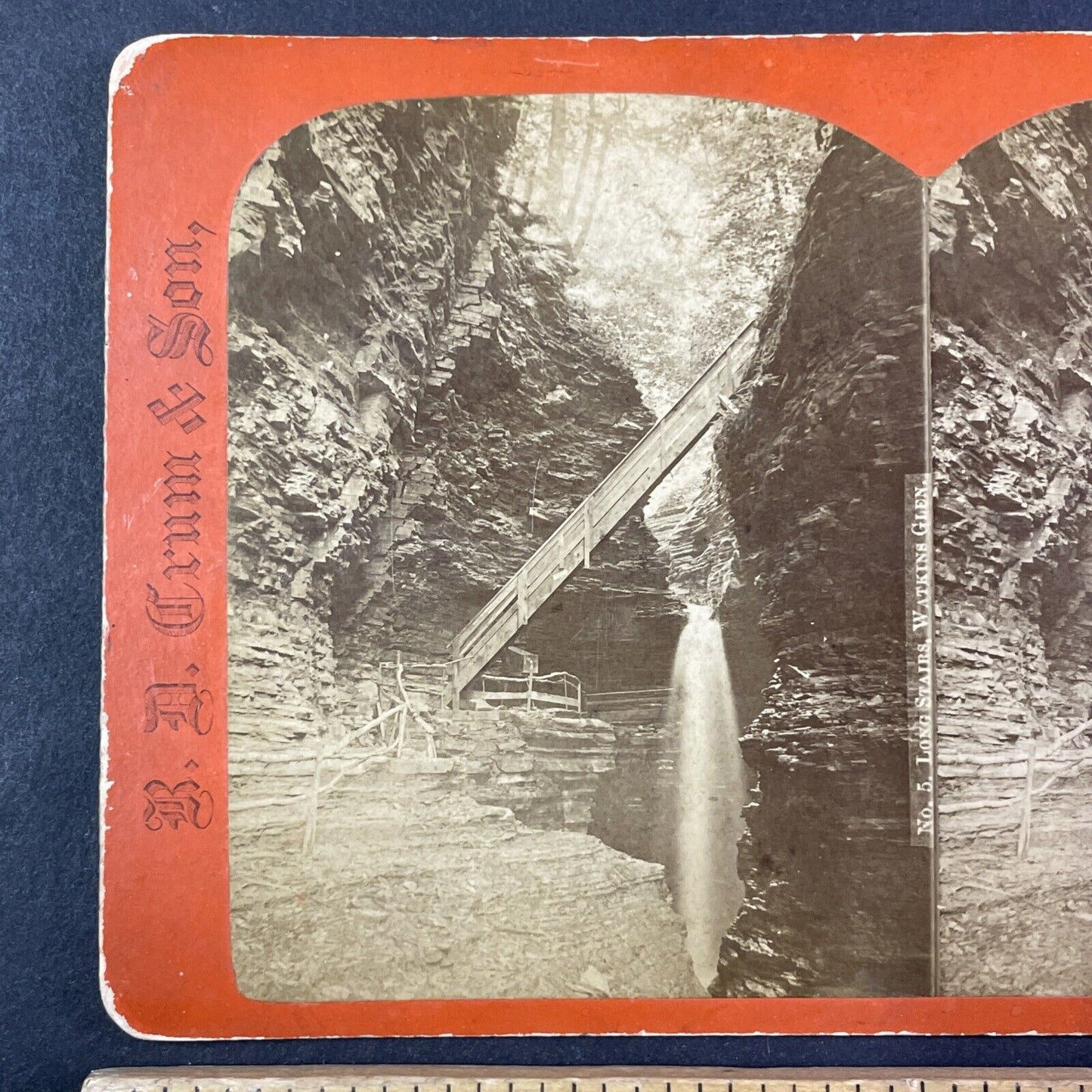 Watkins Glen Long Stairs New York Stereoview R.D. Crum Antique c1870s Y1817