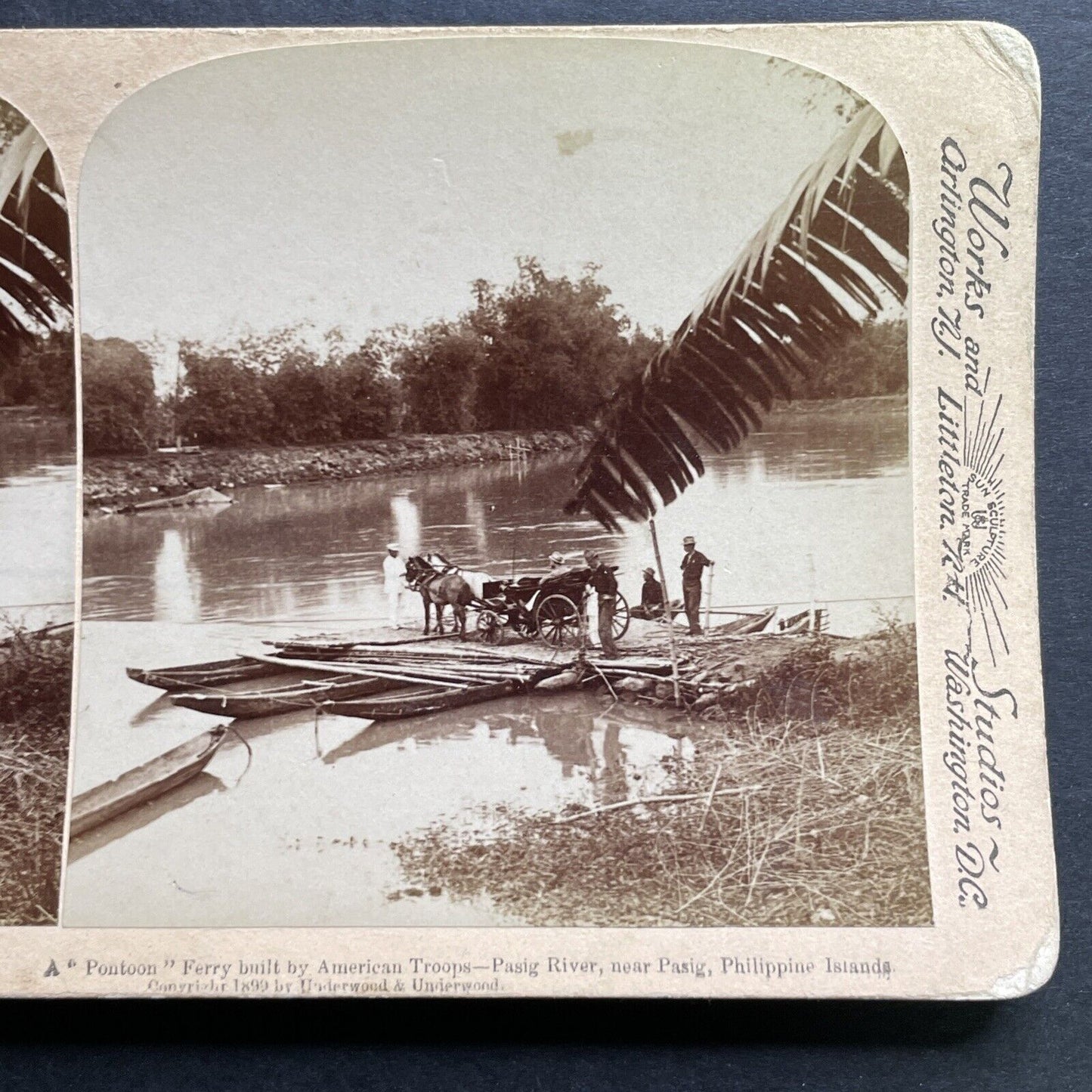 Antique 1899 US Troops Cross Pasig River Philippines Stereoview Photo Card P1291