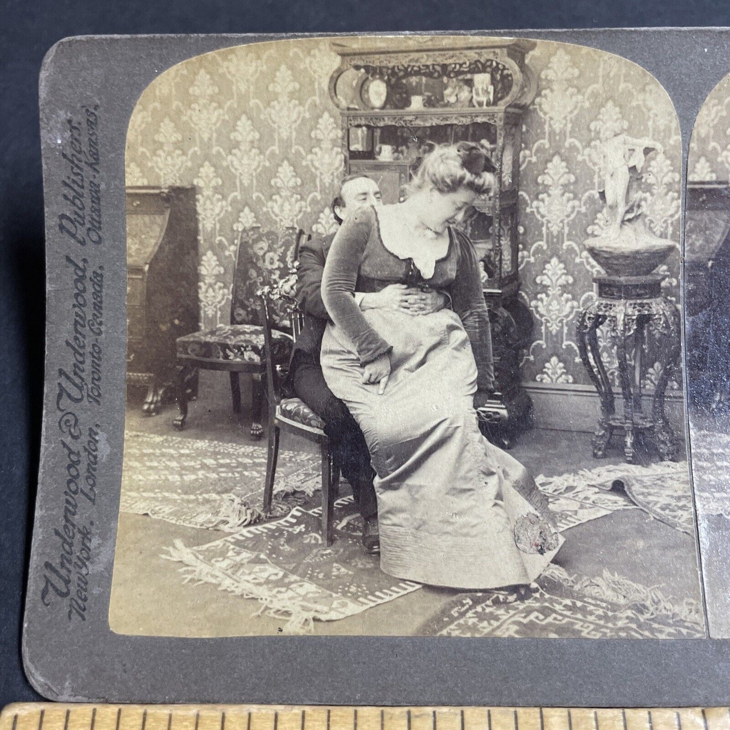 Antique 1901 Tall Stong Woman Sits On Smaller Man Stereoview Photo Card P4924