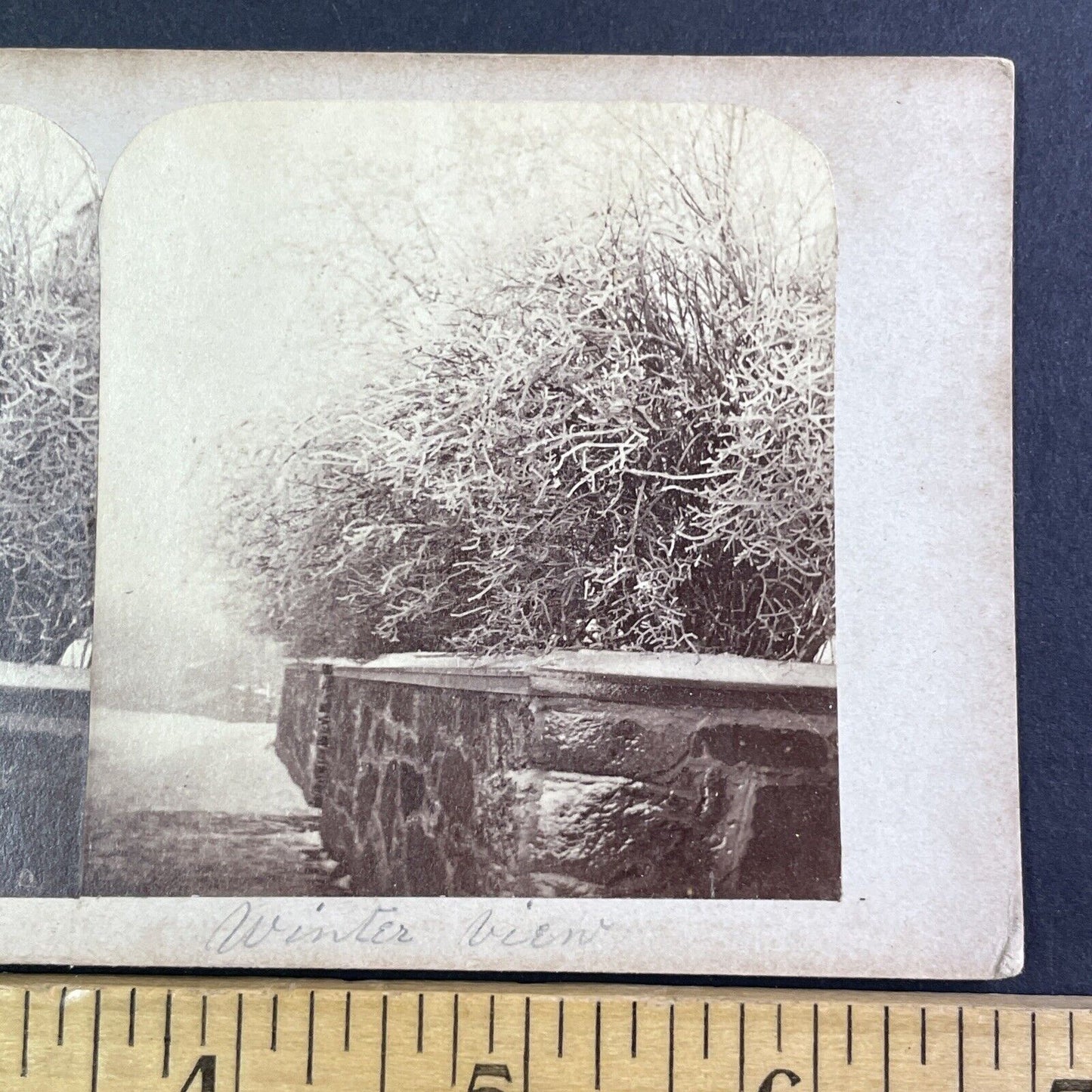 Boston MA Stone Wall In Winter Stereoview Barnum Photo Antique c1860s X1574