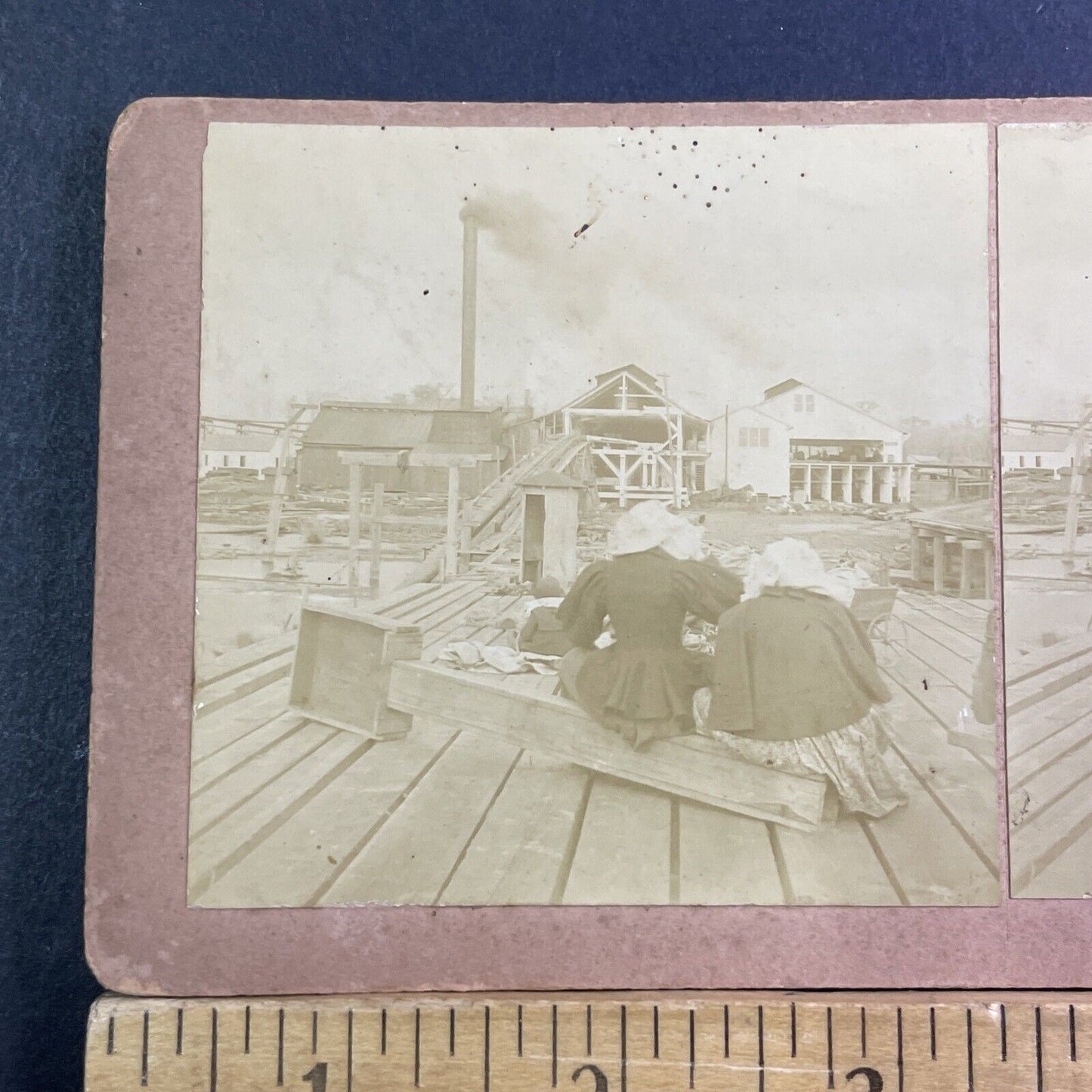 Women At Fish Factory Port Town Stereoview Quebec Quebecois Antique c1890 X1811