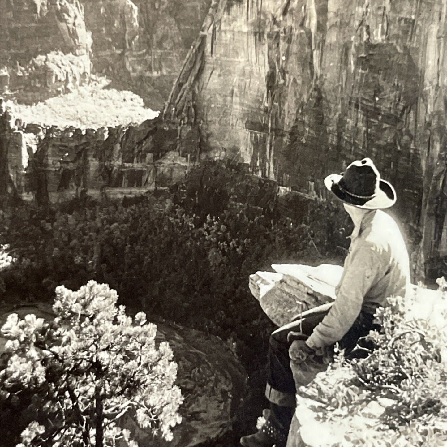 Antique 1920s Man Tempts Fate Zion Park Cliff Utah Stereoview Photo Card P4863