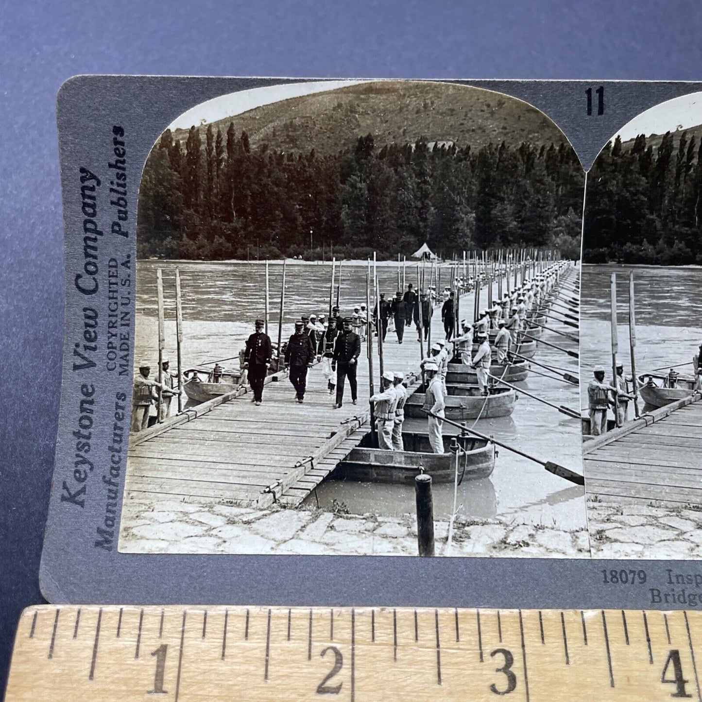 Antique 1918 French Generals Inspect WW1 Troop Bridge Stereoview Photo Card 2781