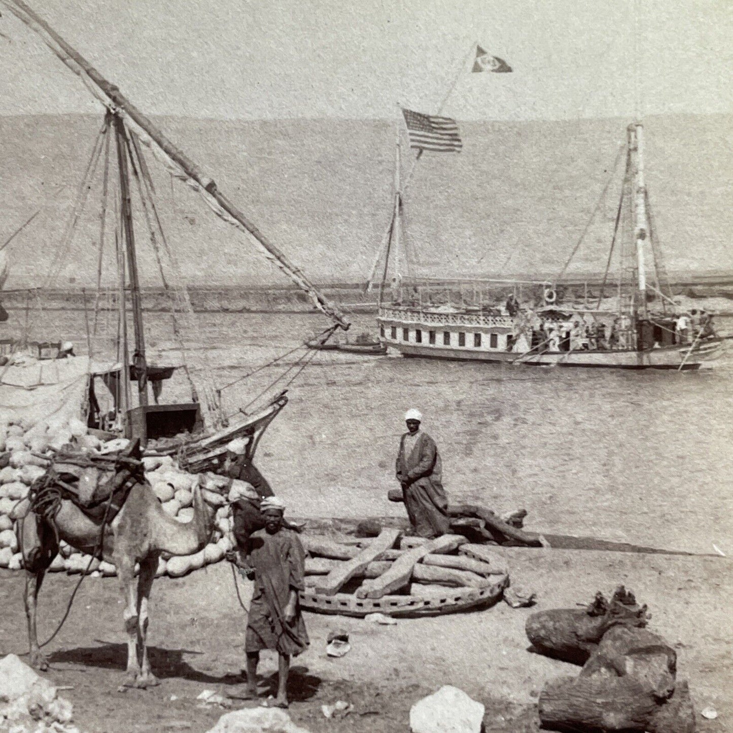 Antique 1897 Merchant Trade Ships Nile River Egypt Stereoview Photo Card P1308