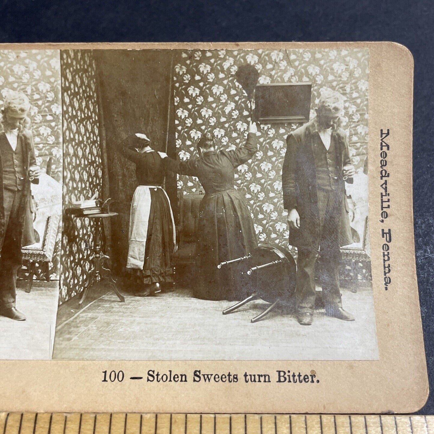 Antique 1892 Woman Beats Maid For Stealing Food Stereoview Photo Card P4651