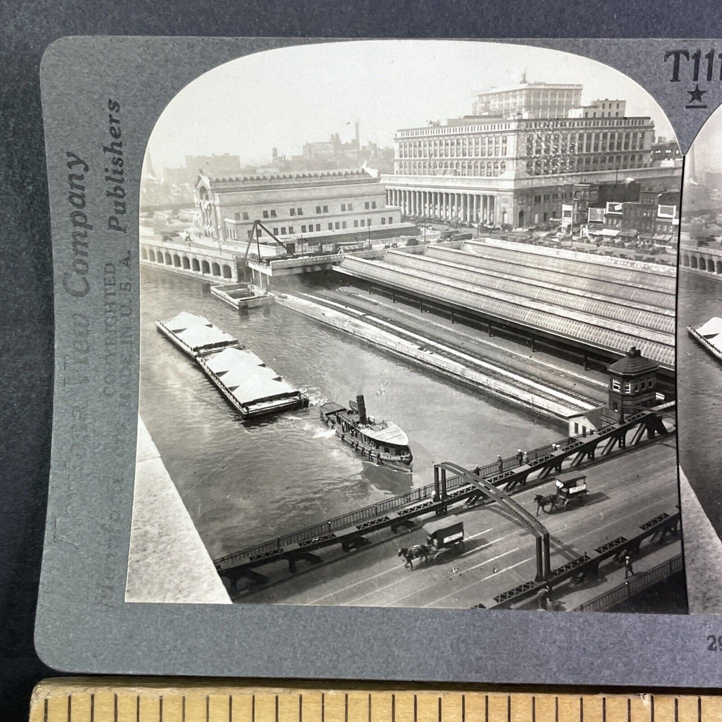 Tugboat Pulling a Barge Chicago Illinois Stereoview Antique c1909 Y1172