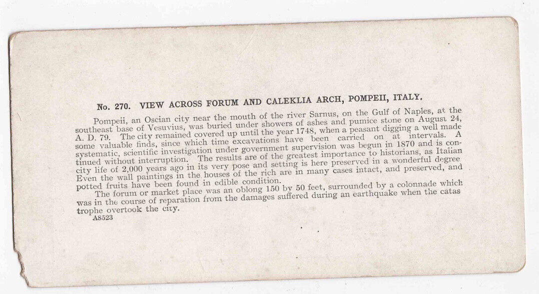 Antique 1904 The Ruins Of Pompeii And Caligula's Arch, Italy Stereo Card P296