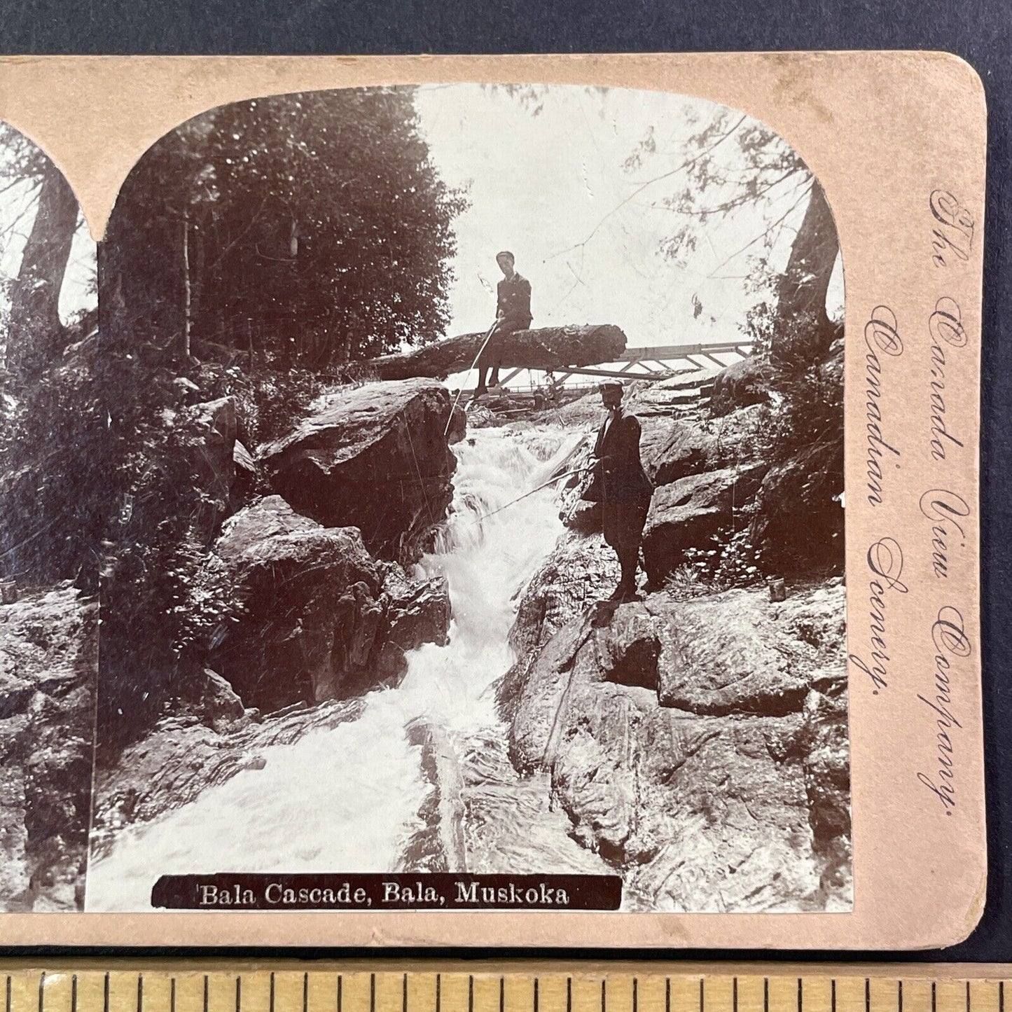 Fishing in Bala Ontario Canada Stereoview Muskoka River Antique c1899 Y476