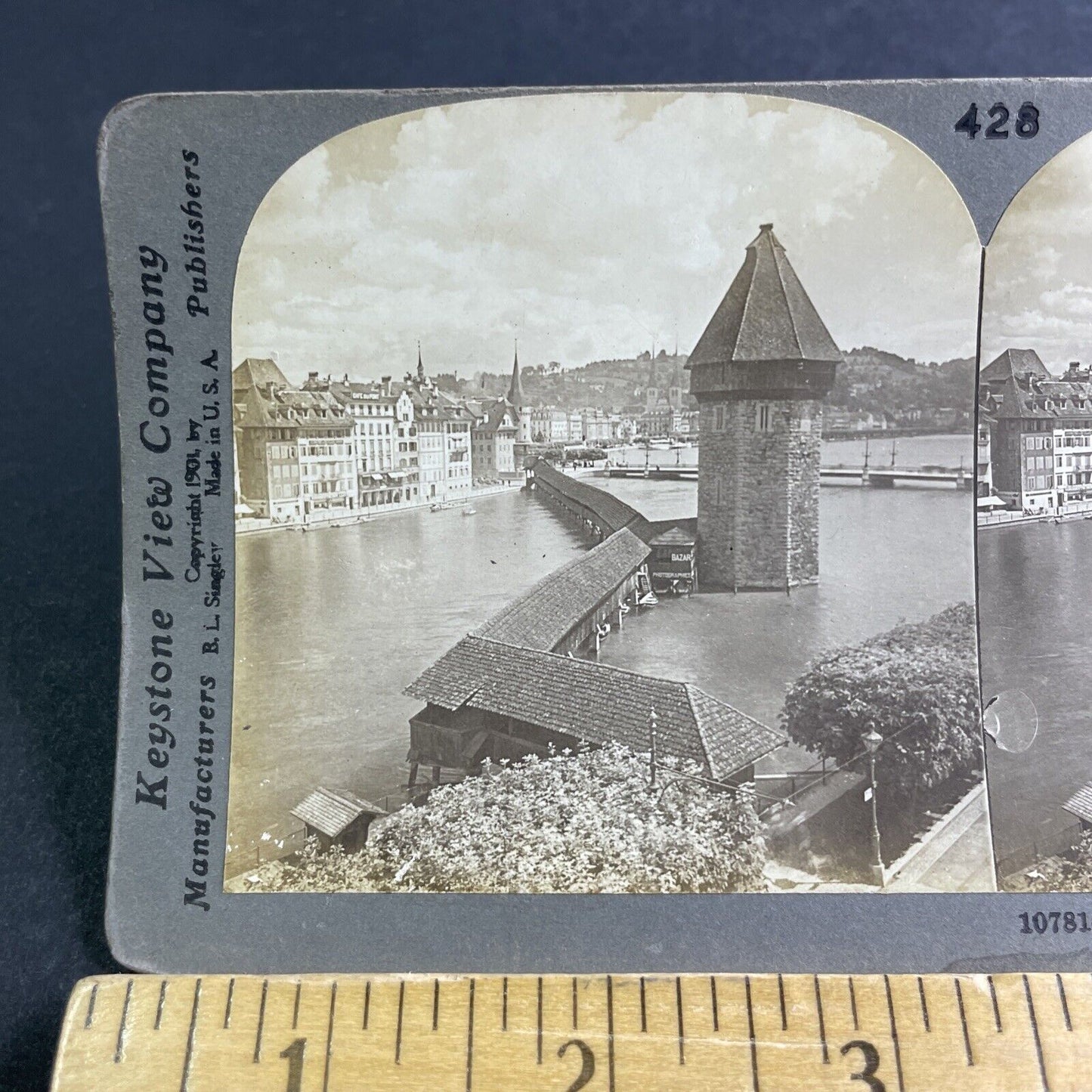 Antique 1901 Kapellbrucke Bridge Lucerne Switzerland Stereoview Photo Card P2136