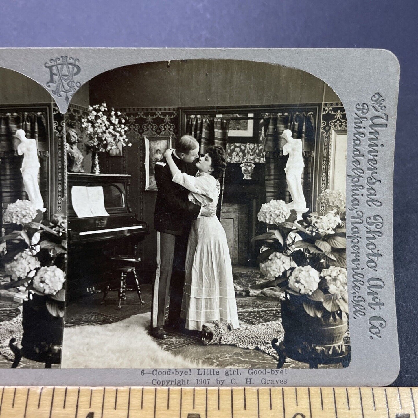 Antique 1907 US Military Army Soldier Kisses Wife Stereoview Photo Card P3481