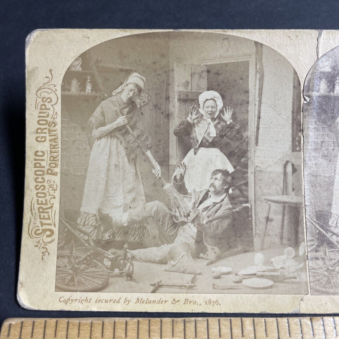 Antique 1876 Man Falls Off Of Bicycle In Kitchen Stereoview Photo Card P4672