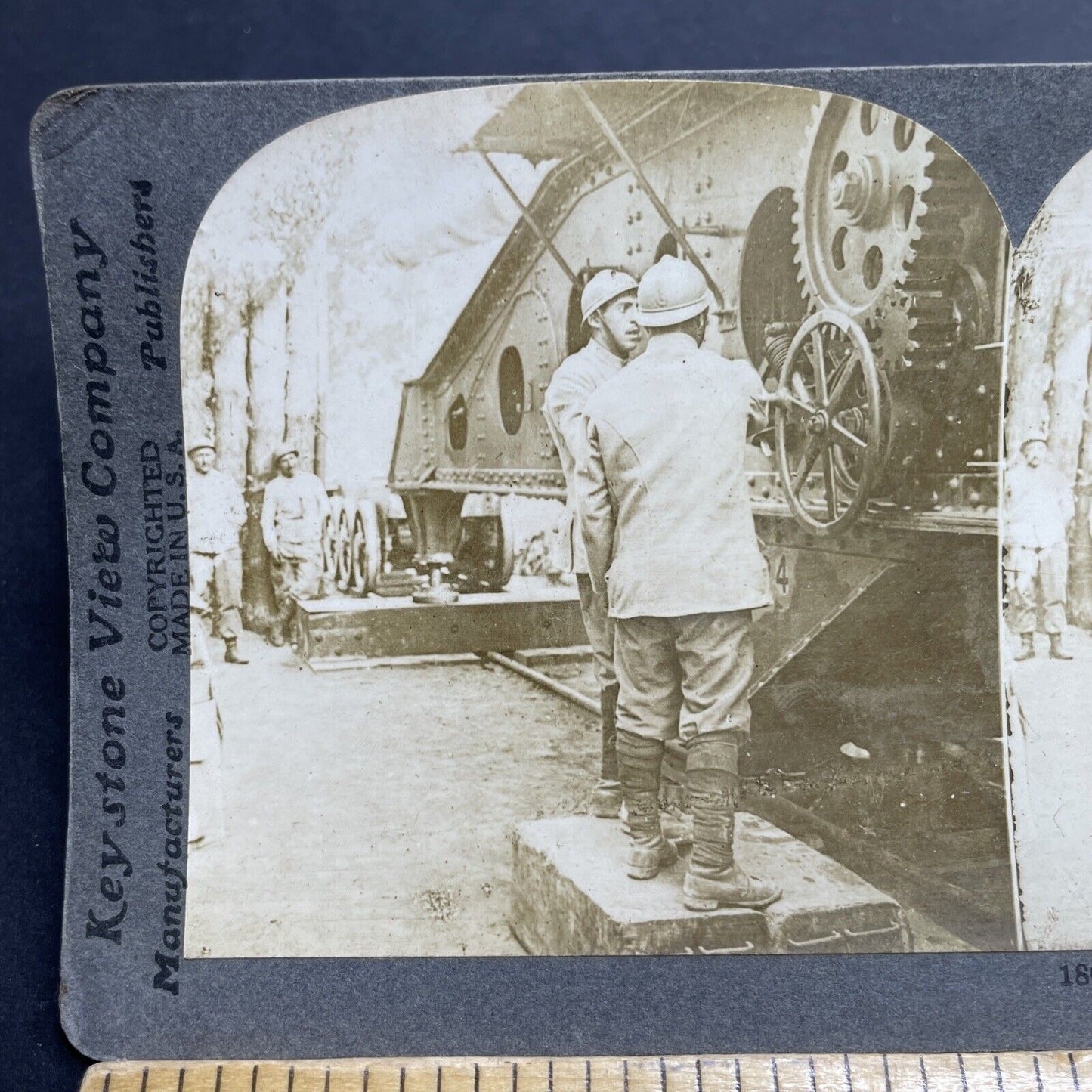 Antique 1916 WW1 French Artillery Soldiers Heavy Gun Stereoview Photo Card P2032