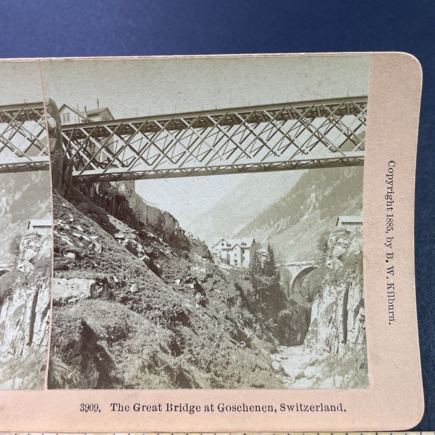 Antique 1885 Goschenen Railroad Bridge Switzerland Stereoview Photo Card P3806