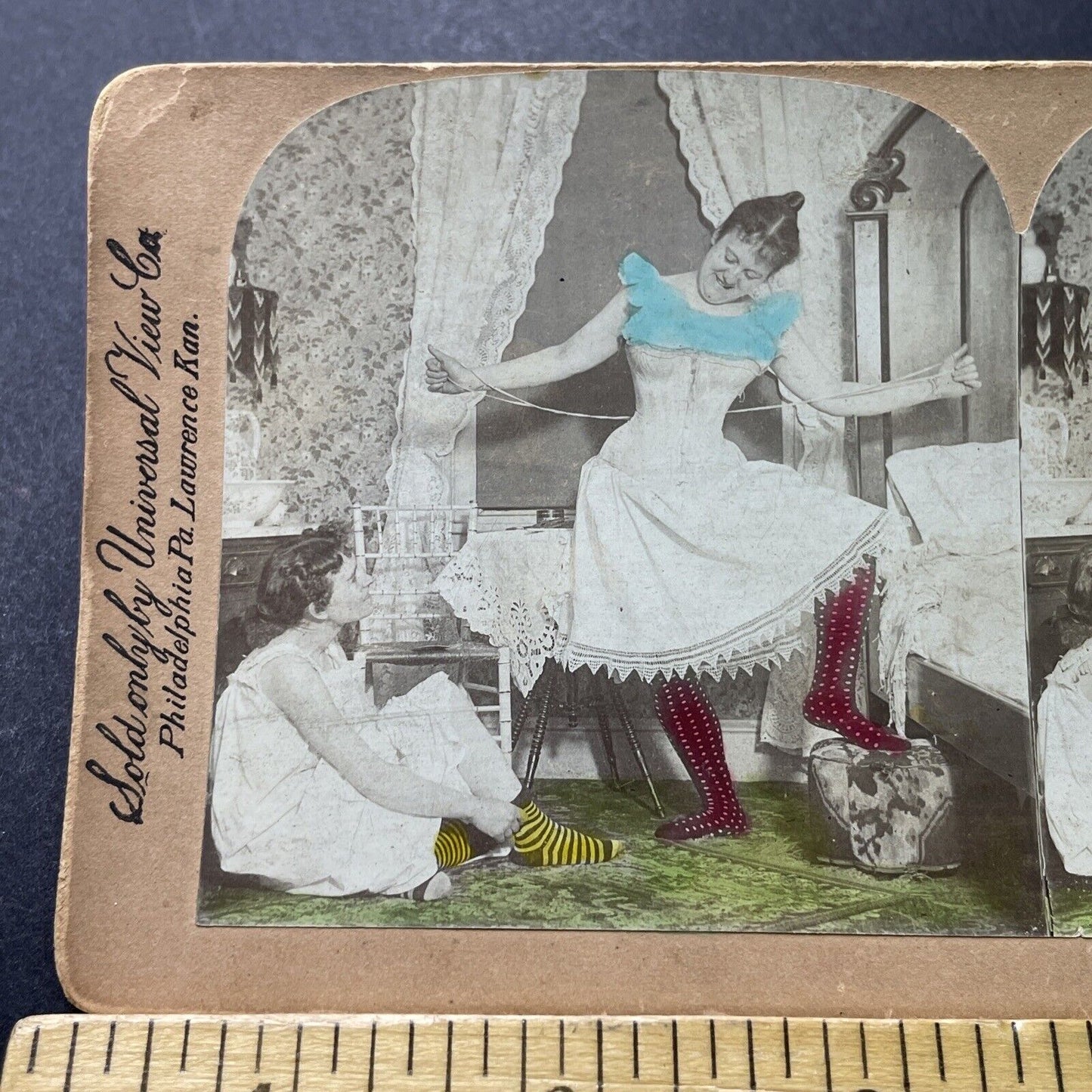 Antique 1890s Women Tying On Their Corsets Stereoview Photo Card P4001