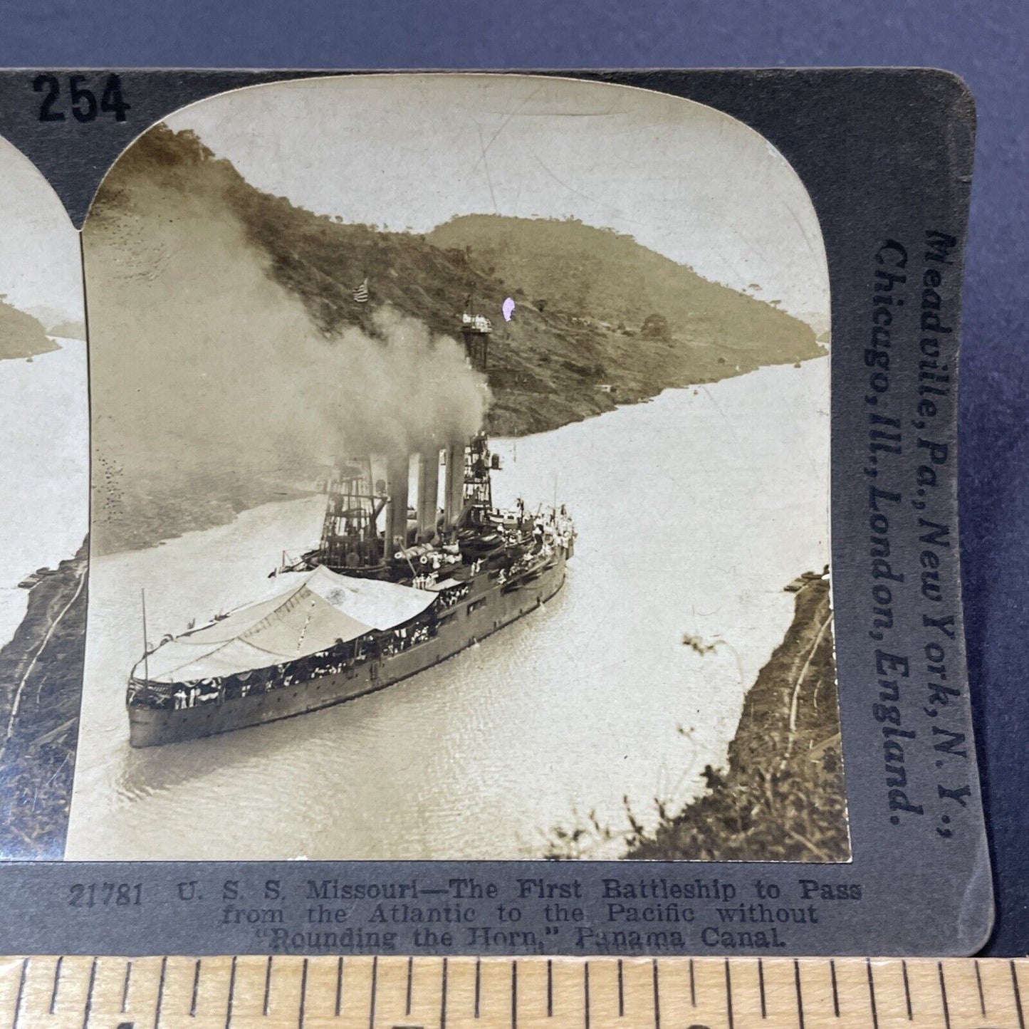 Antique 1909 USS Missouri Battleship In A Canal Stereoview Photo Card V3312