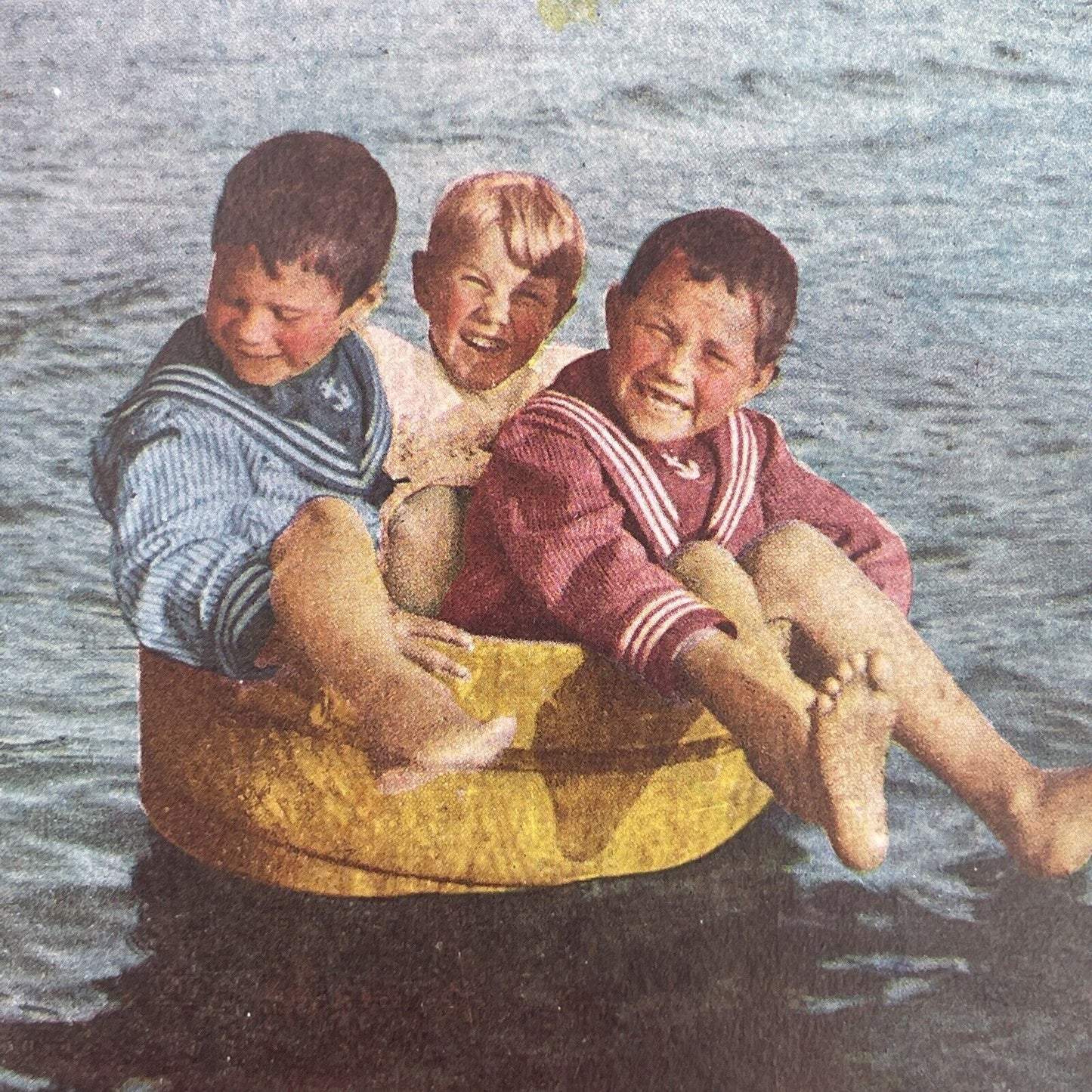 Antique 1898 Boys In A Wash Bucket Boat Stereoview Photo Card P580-040