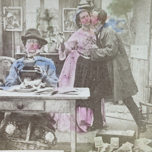 Antique 1870s A Thief Steals A Kiss From Mans Wife Stereoview Photo Card P3999