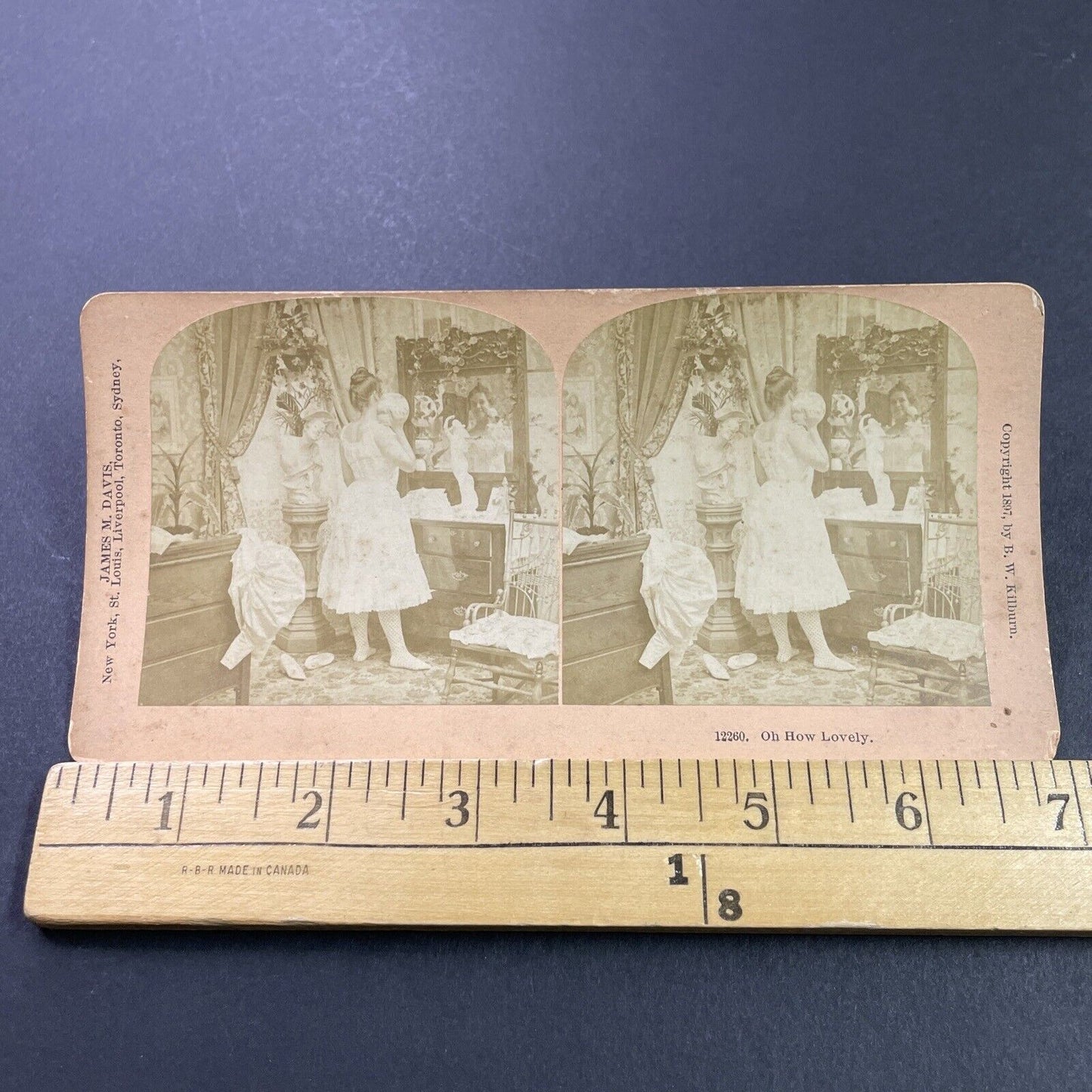 Antique 1897 Woman Getting Changed In Mirror Stereoview Photo Card P3958