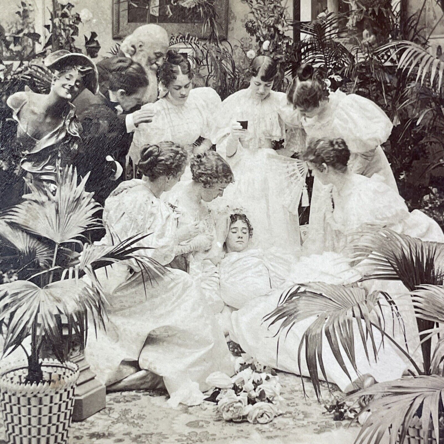 Bride Faints When Groom is Late for Wedding Stereoview Antique c1897 Y1394