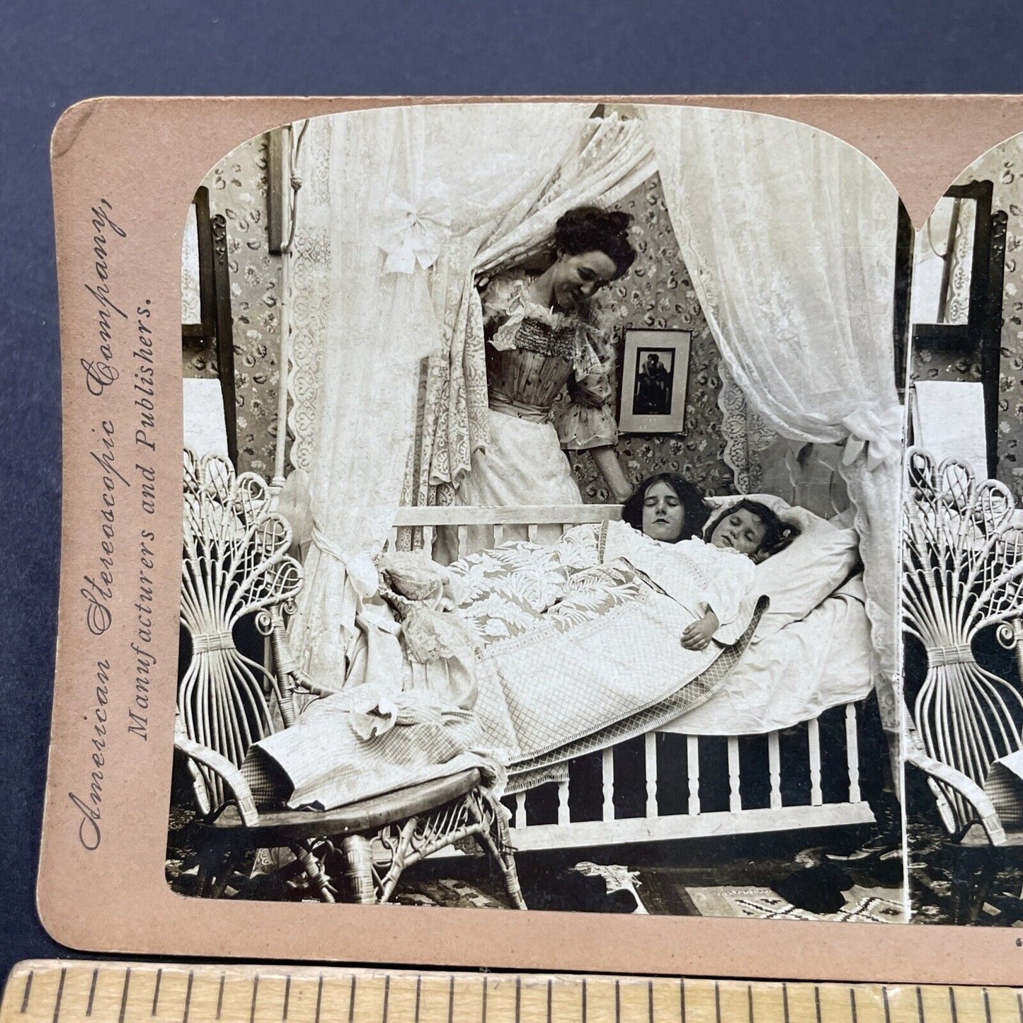 Antique 1890s Sisters Fall Asleep In Bed Stereoview Photo Card P2635