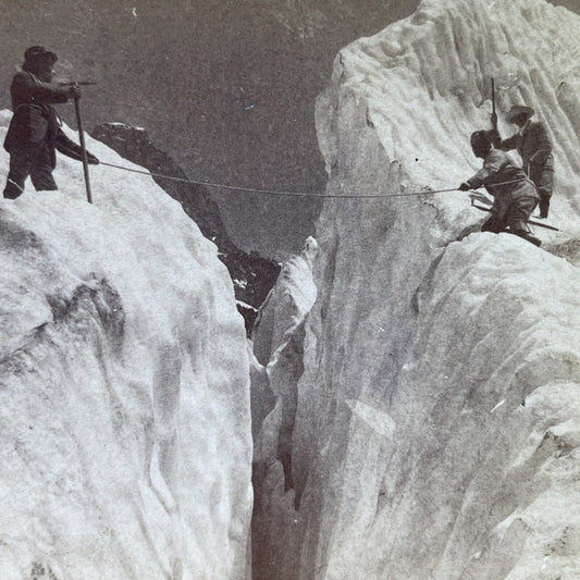 Antique 1897 Jumping Across Glacier Cavern Stereoview Photo Card P2398