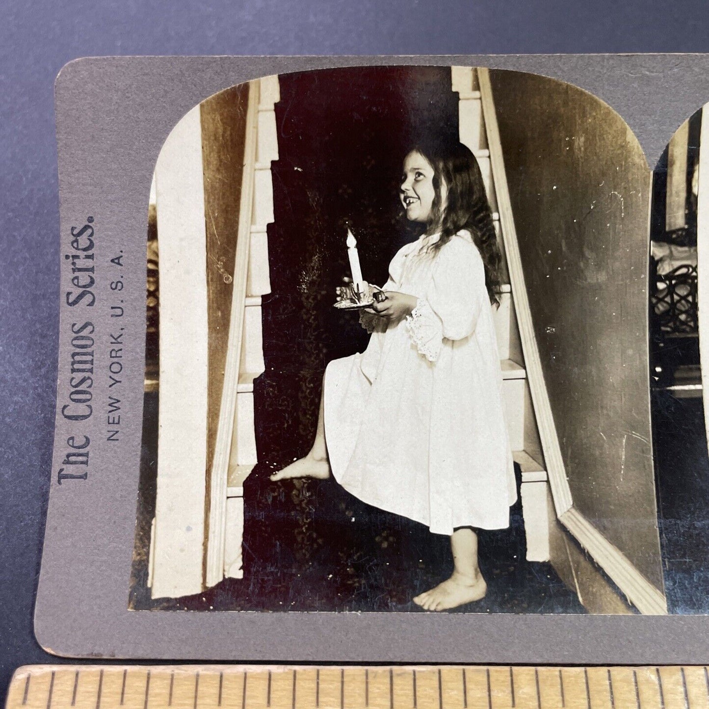 Antique 1890s Victorian Child Carries Candle To Bed Stereoview Photo Card P3439