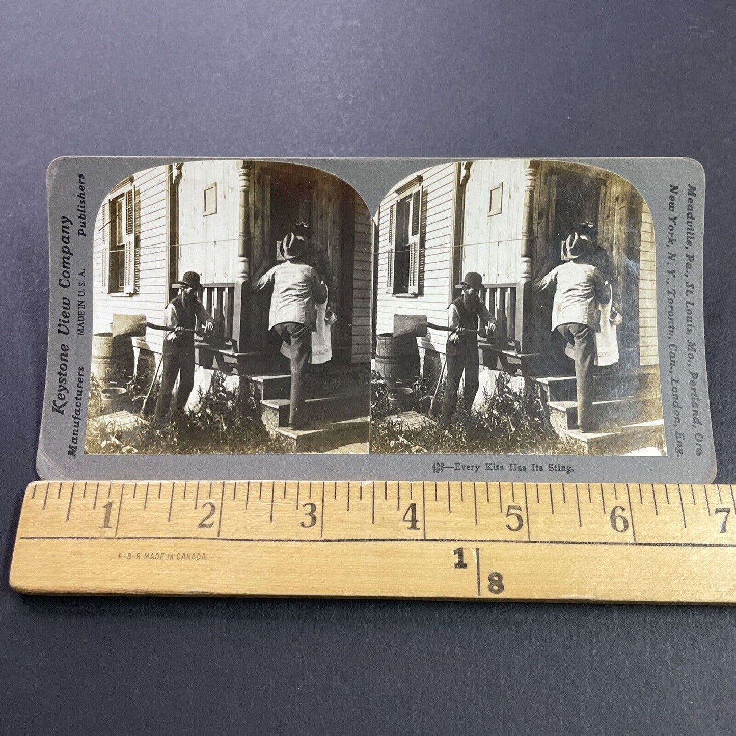 Antique 1903 Man Beats Friend For Kissing His Wife Stereoview Photo Card P4085