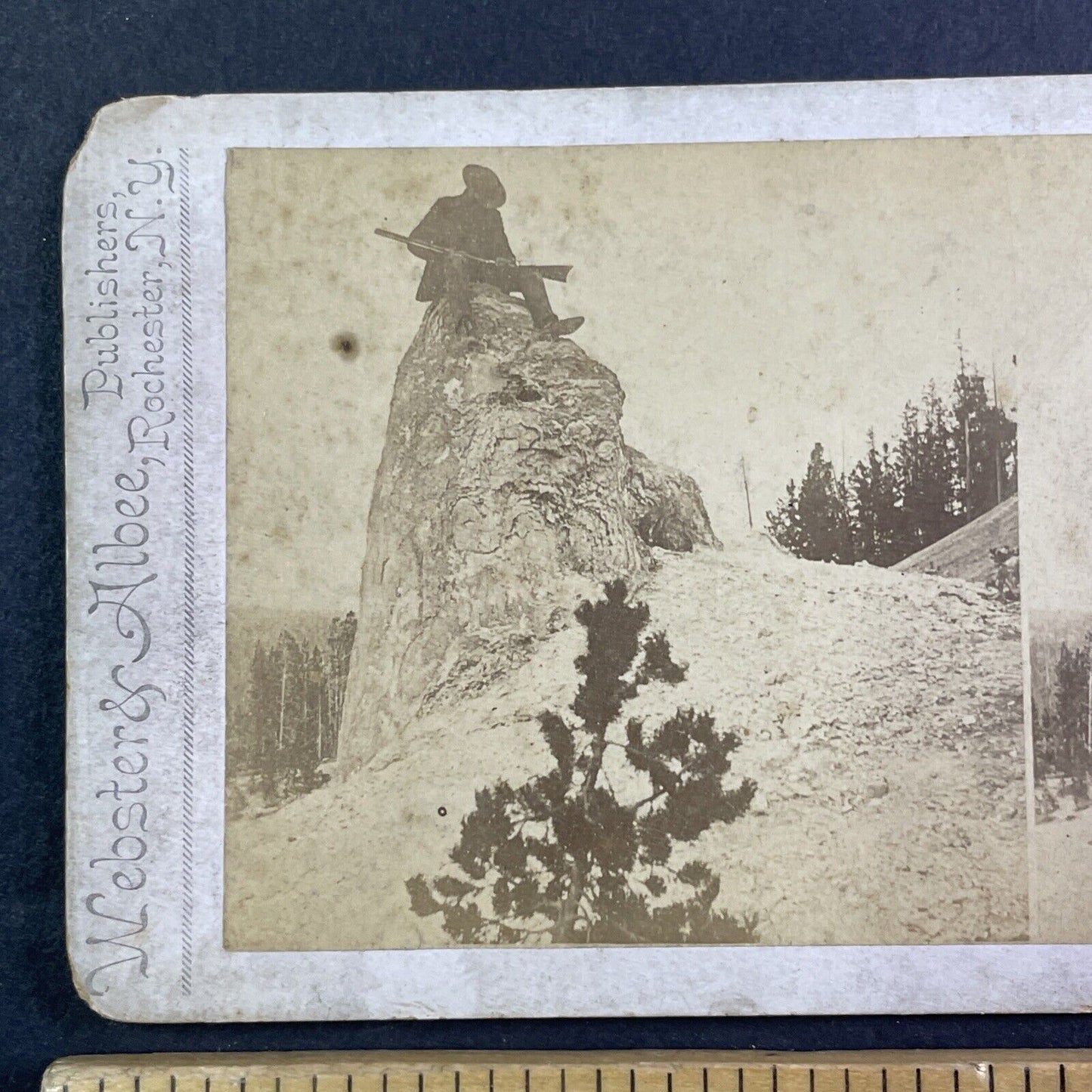 Wyoming Hunter In Yellowstone Stereoview Mount Schurz Antique c1875 X3631