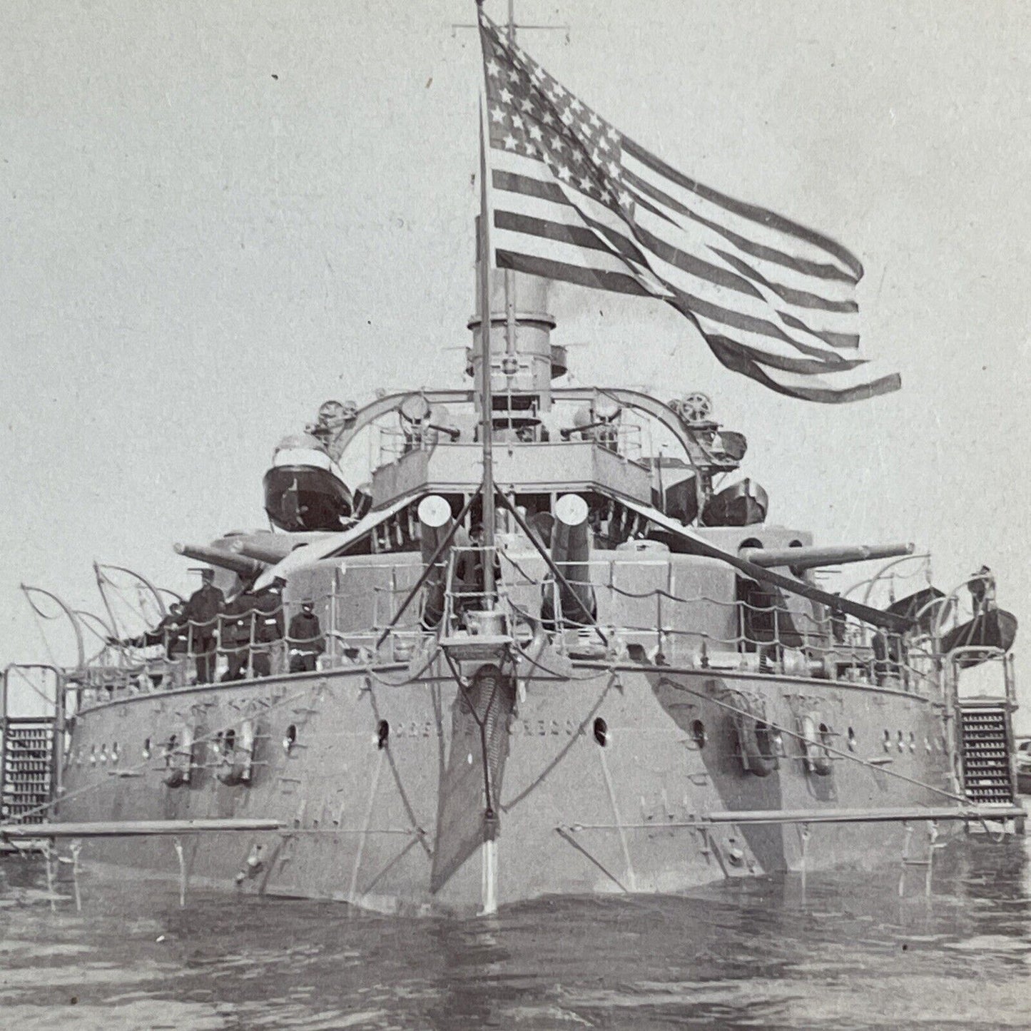 USS Oregon Navy Battleship Stereoview American Flag Antique c1899 X3123